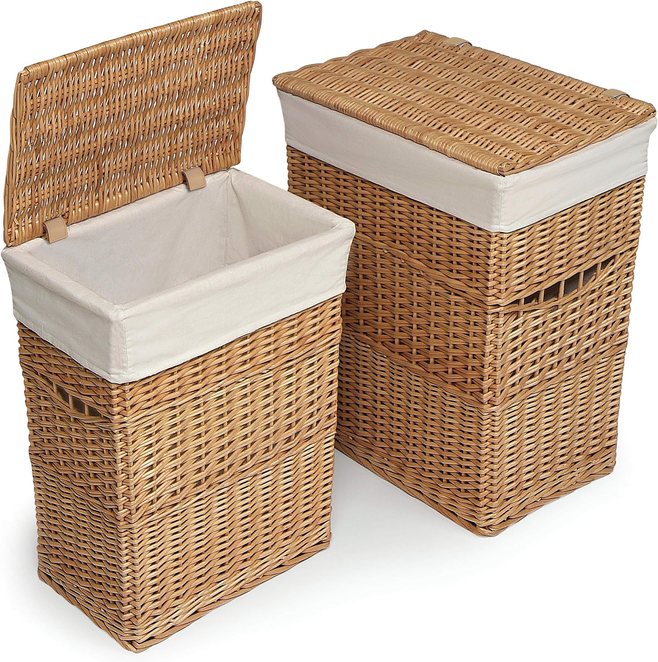 Wicker Two Laundry Hamper Set with Lids and Fabric Liners
