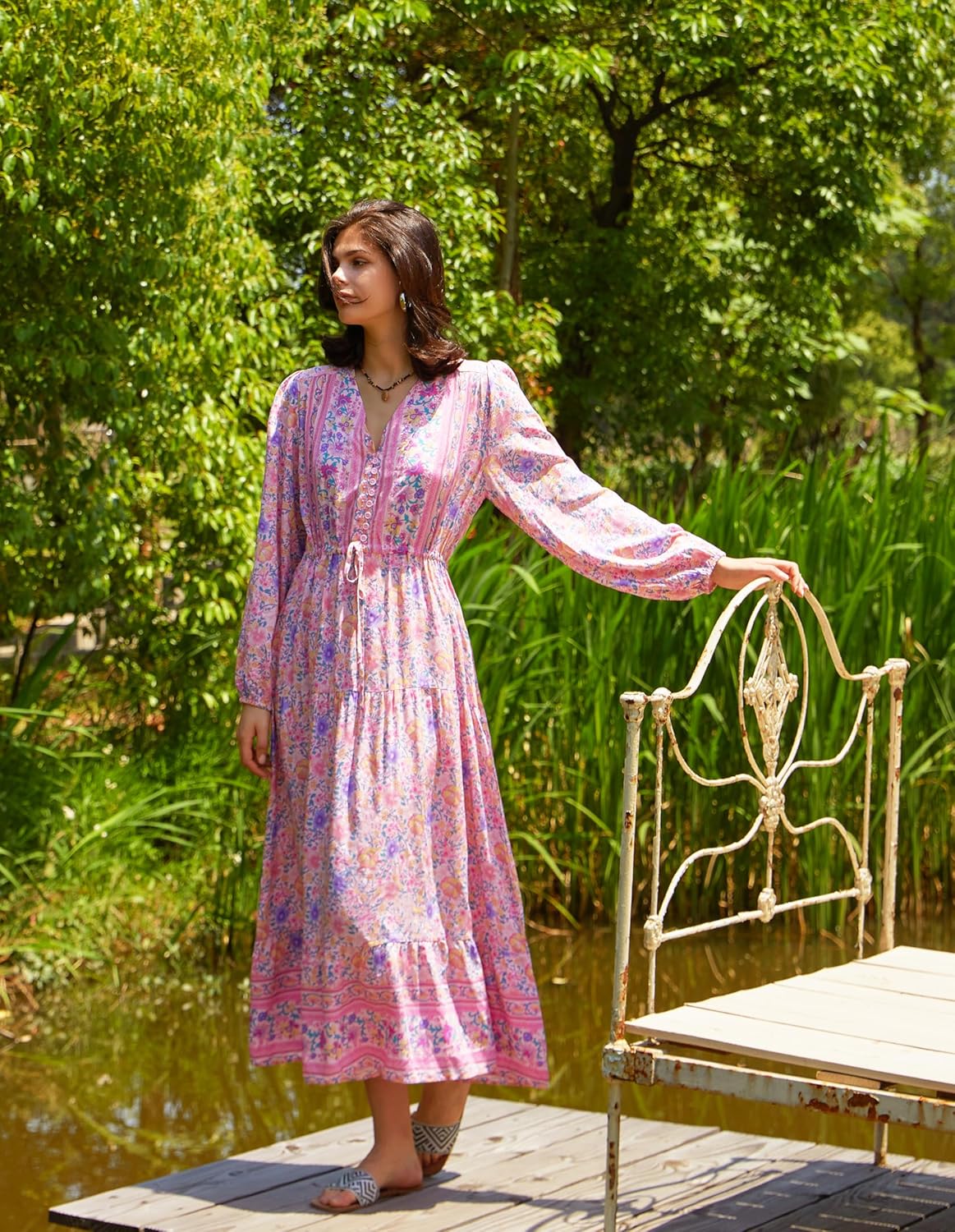 R.Vivimos Women's Long Sleeve Cotton V-Neck Button Up Floral Print Boho Flowy Midi Dresses - Image 5