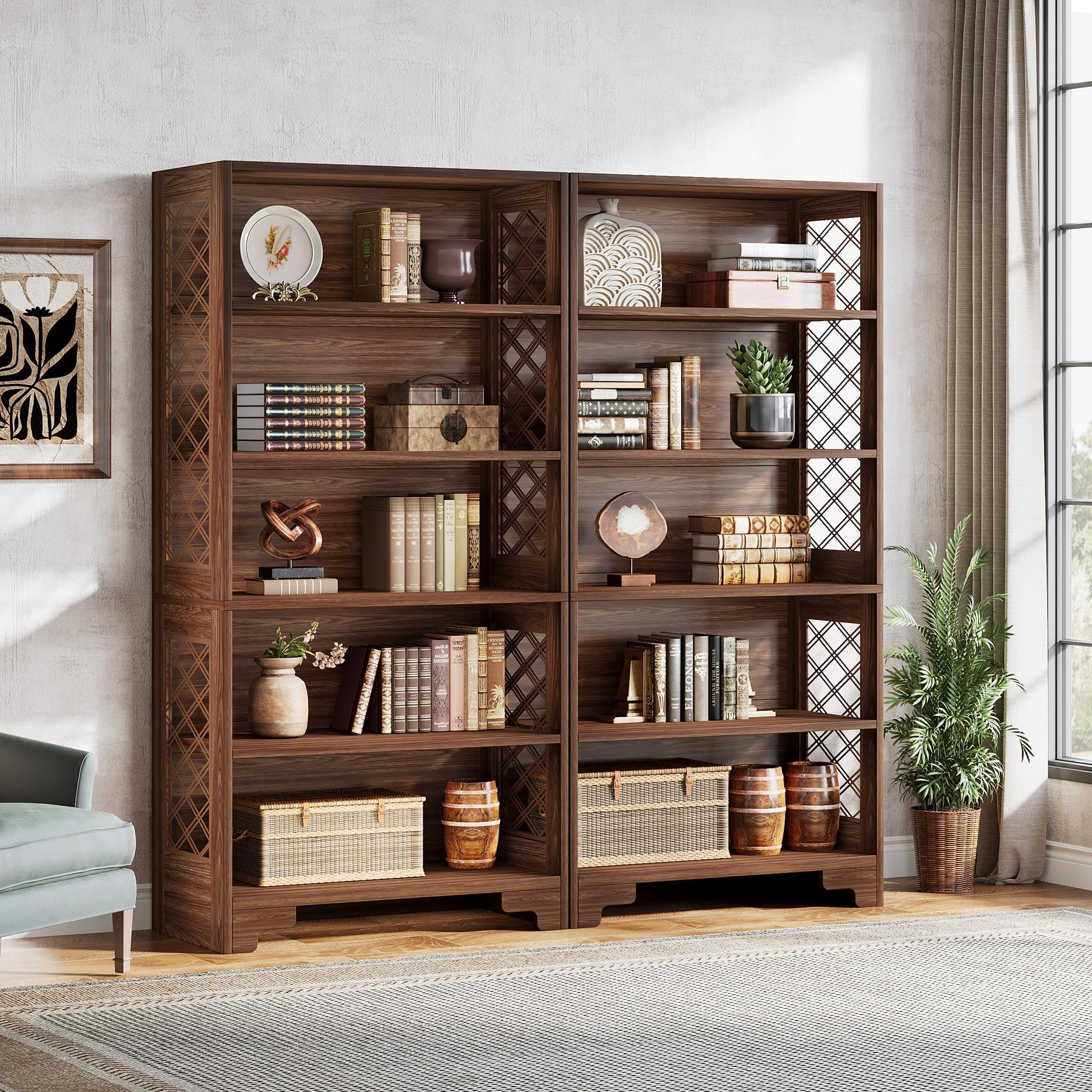 Tribesigns 6-Tier Bookcase, 70.8" Vintage Tall Bookcase,5-Shelf Mid-Century Display Rack Storage Shelves for Home Office, Living Room, Bedroom, Set of 2