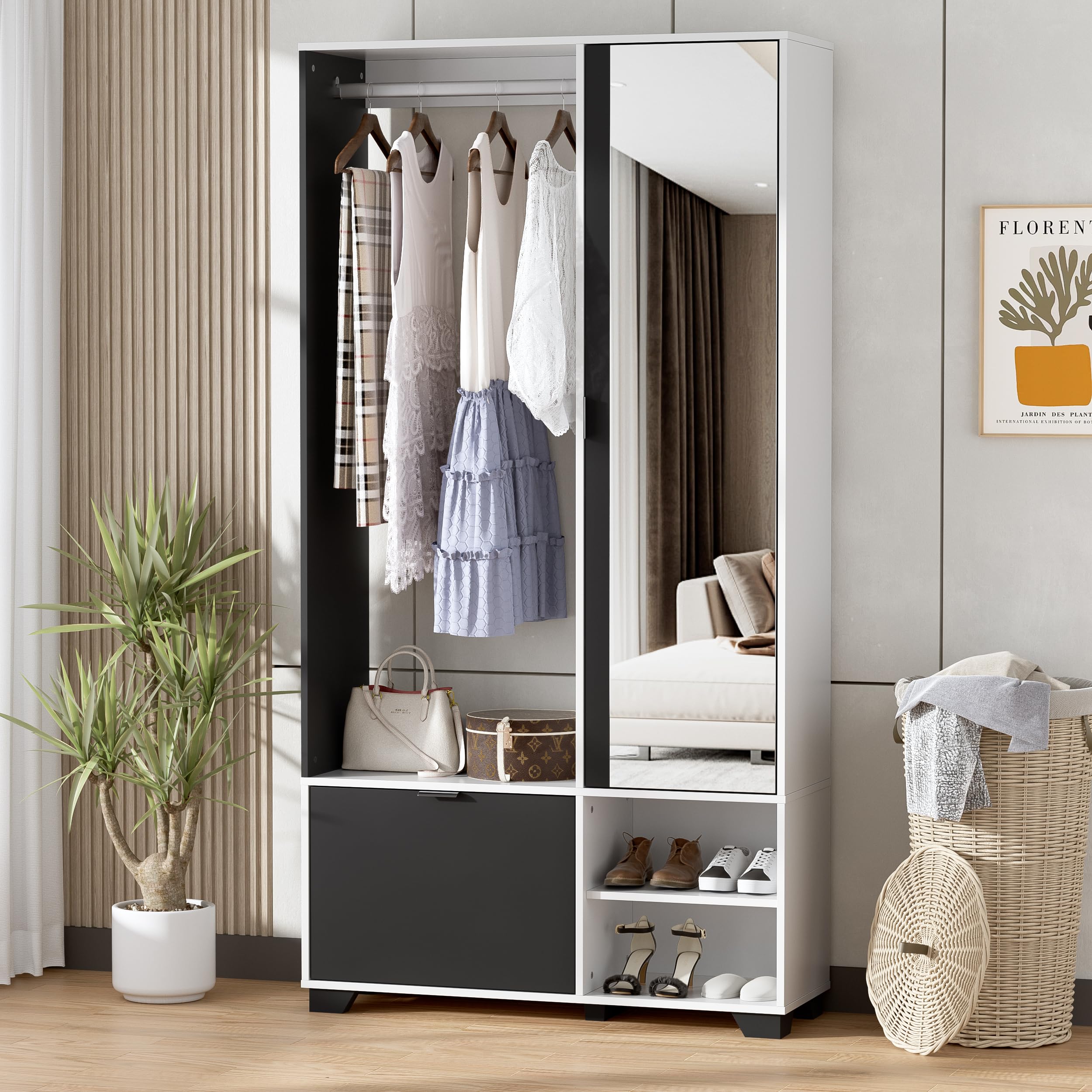 MSFE Meuble d'entrée Vestiaire avec 144 cm Miroir,Ensemble de Garde-Robe Compact avec Tringle à Vêtements,Armoire à Chaussures et Compartiments,Meuble D'entrée avec Rangement,100L x 33L x 190H cm
