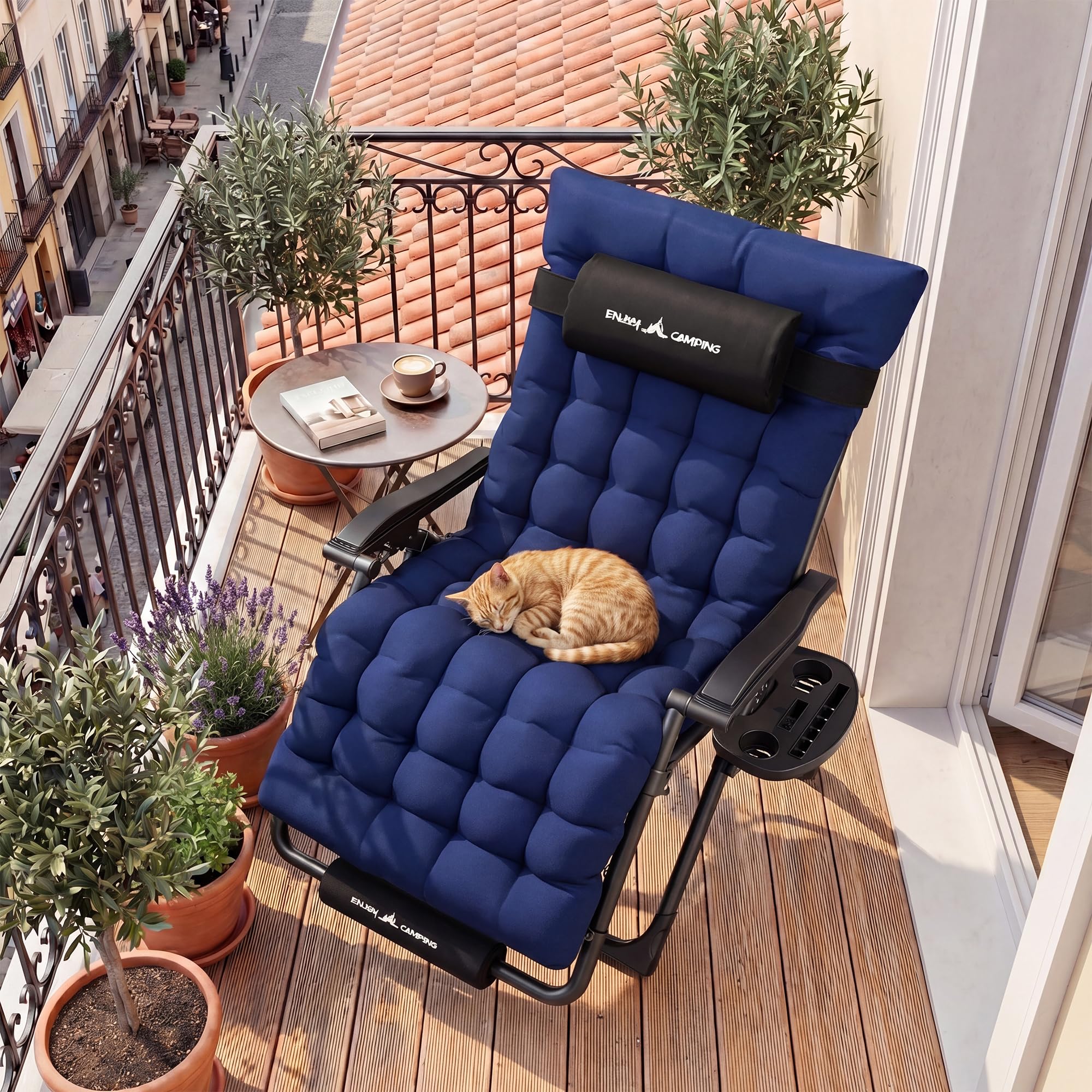 UDPATIO Sedia a sdraio pieghevole con supporto per bevande, sedia da giardino con cuscino, sedia a sdraio, extra grande, schienale regolabile (blu marino, misura XX)