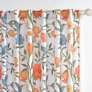 JOOJA Boho Curtains 2 Panels 84 Inches Long Vintage Floral Patterned White Whimsical Bird Living Room Colorful Cotton Linen Blend Printed Curtains for Bedroom Kitchen
