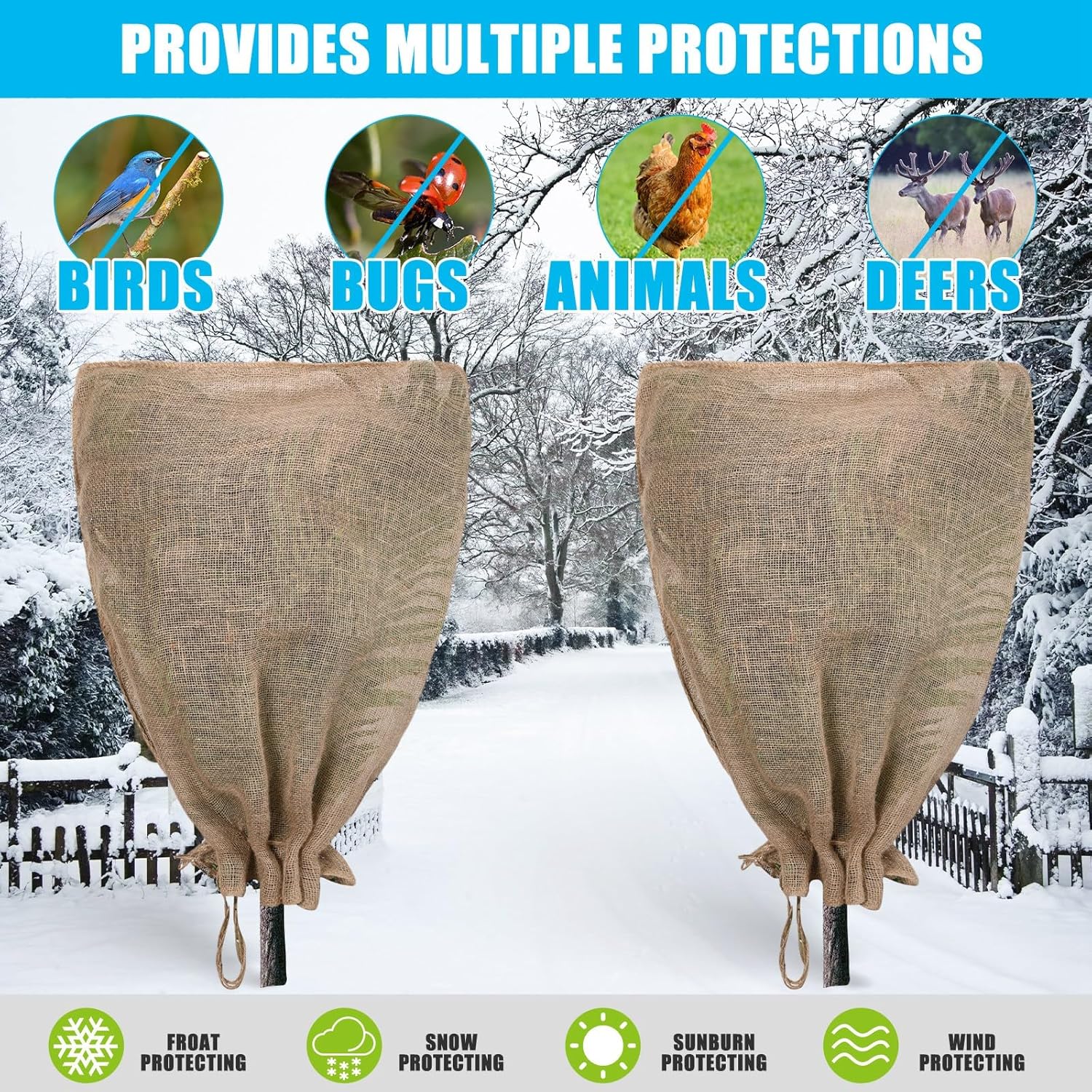 5 Pcs 84 x 72 Inch Large Burlap Plant Covers Bag with Drawstring Reusable Winter Plant Covers Freeze Protection Bags Freeze Blankets for Outdoor Garden Trees Shrubs Saplings