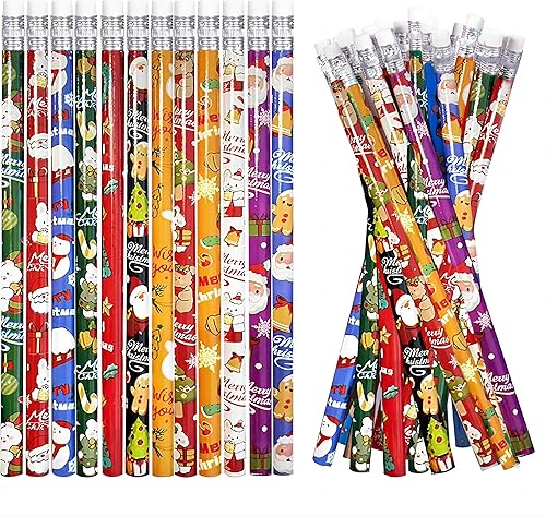 emzrivo 24 lápices de Navidad con borrador, lápices de madera de Navidad, muñeco de nieve, Papá Noel y alce, lápices surtidos de papelería de