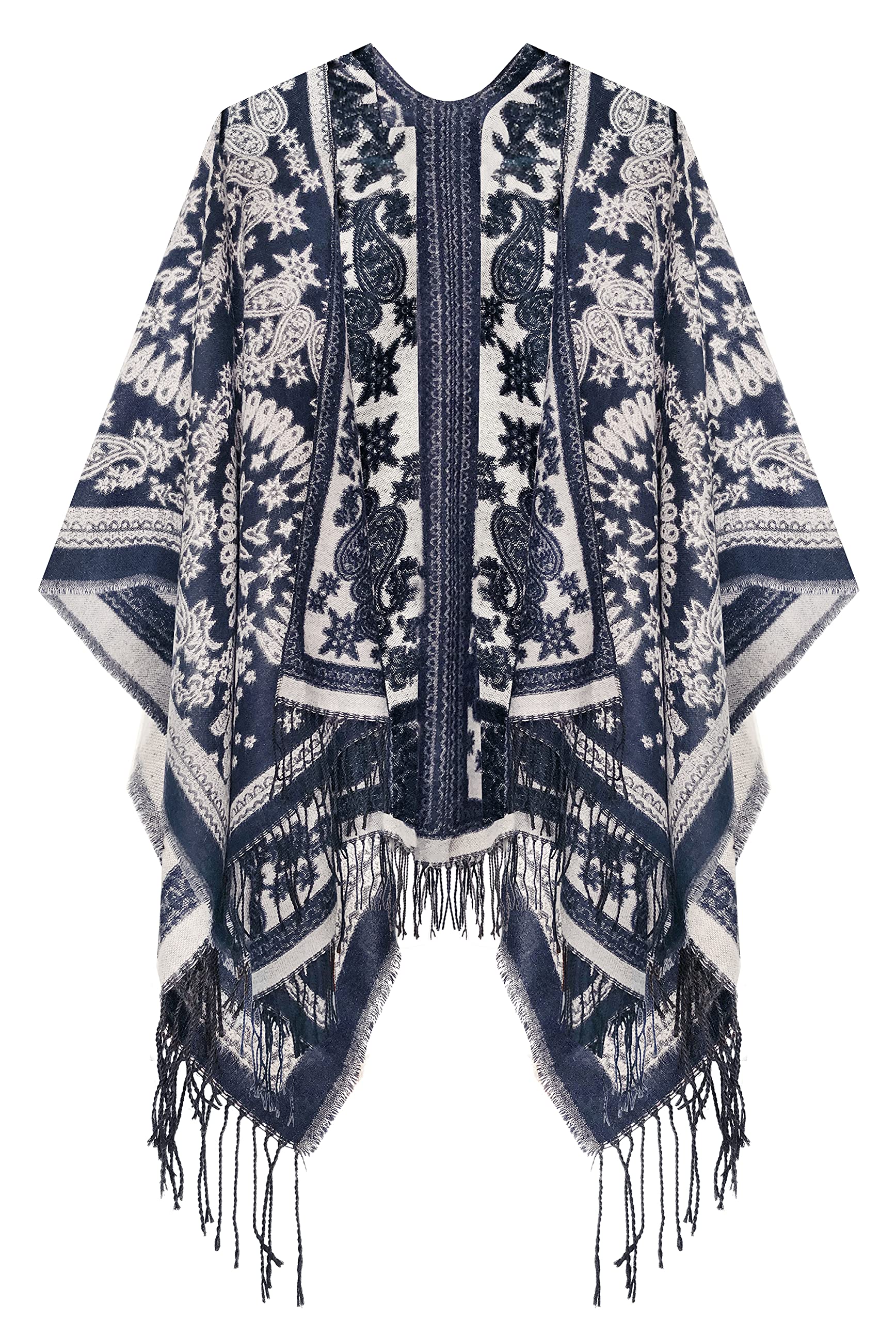 Urban CoCo Women's Printed Tassel Open front Poncho Cape Cardigan Wrap Shawl