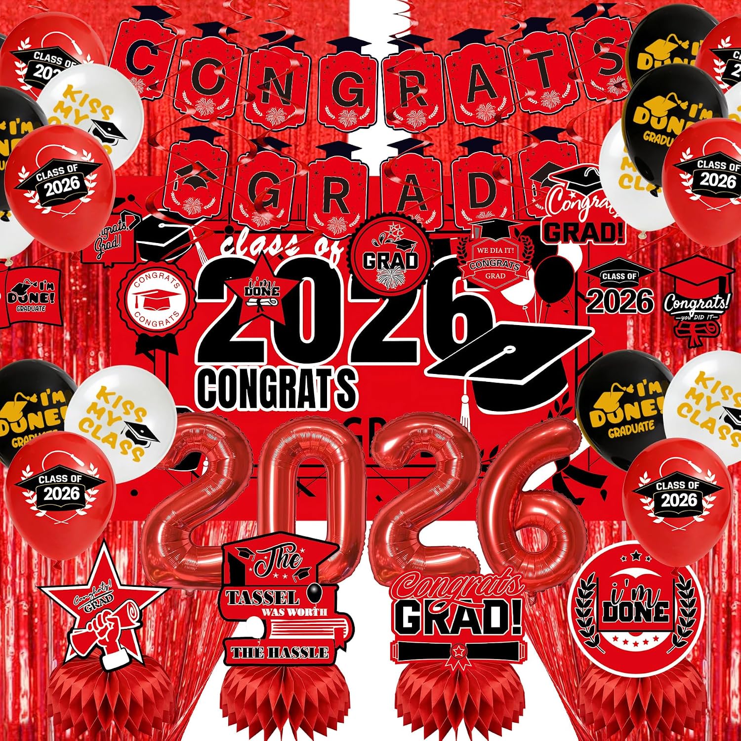 Graduation Party Decorations 2026–Black Gold Grad Banner, Class of Backdrop, Balloons, Fringe Curtains and Foil Balloon, Streamers Kit–Complete Graduation for High School & College Celebrations (Gold)