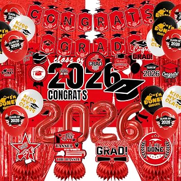 Graduation Party Decorations 2026Black Red Grad Banner, Class of Backdrop, Balloons, Fringe Curtains and Foil Balloon, Streamers KitComplete Graduation for High School & College Celebrations Red