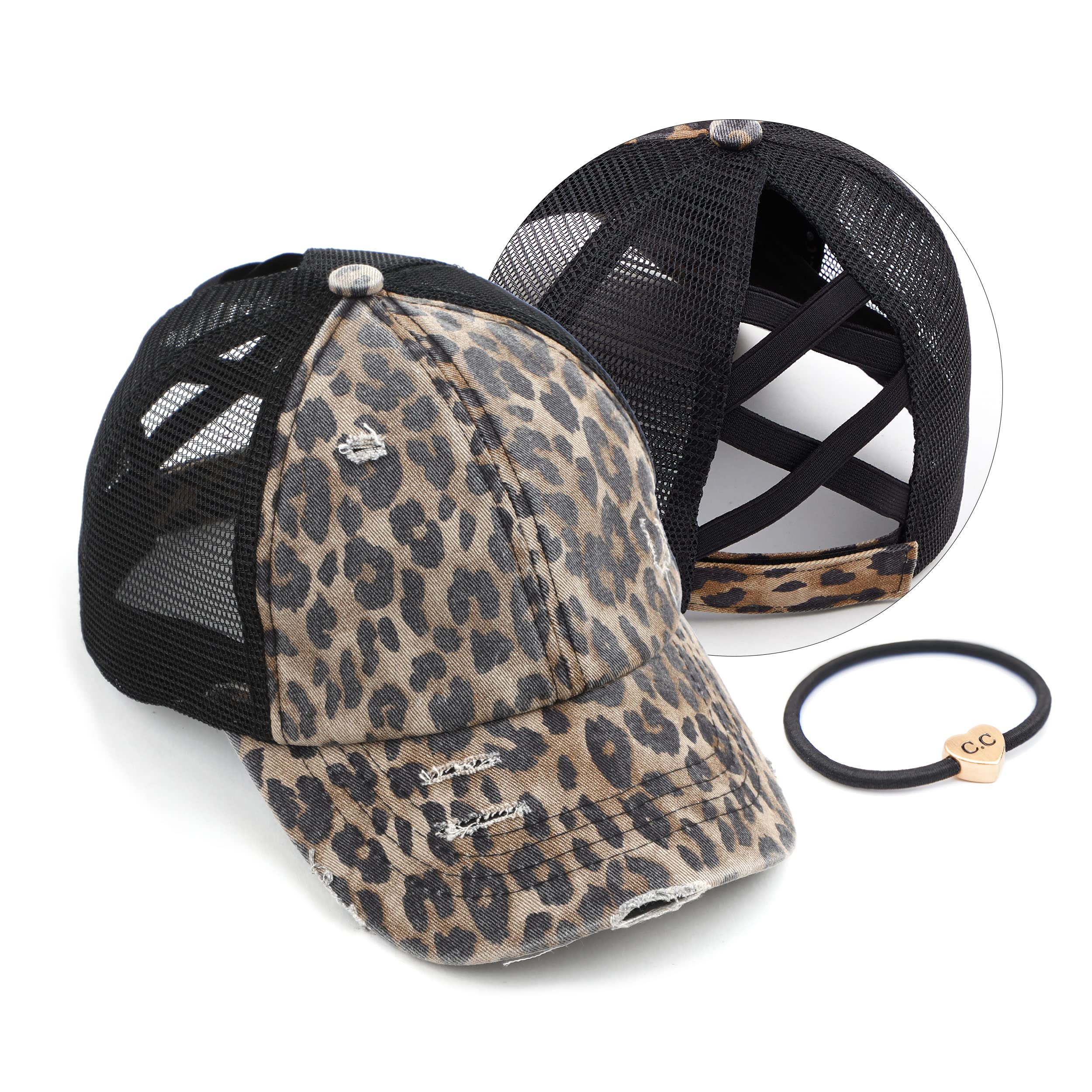 C.CPonycap Messy High Bun Ponytail Adjustable Glitter Mesh Trucker Baseball Cap