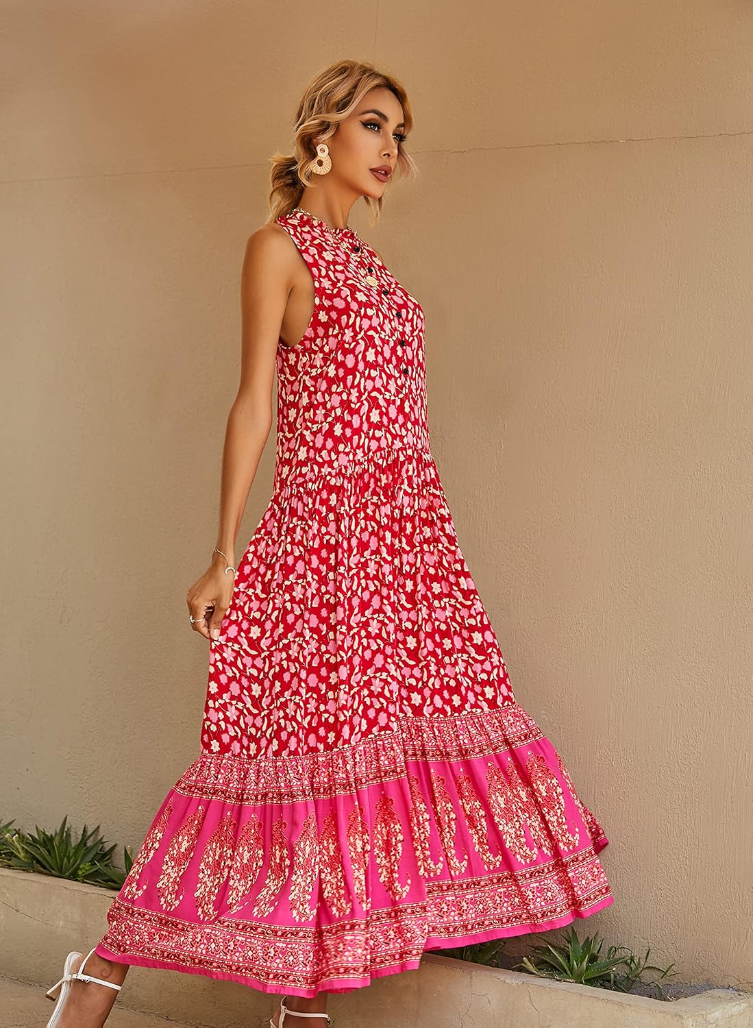 R.Vivimos Women's Summer Sleeveless Floral Print Button Up Bohemian Flowy Maxi Dresses - Image 6