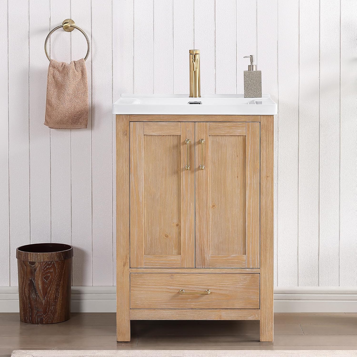 Miseno MV-NM-723024 Gela 24" Free Standing Single Basin Vanity Set with Cabinet and Ceramic Vanity Top - Fir Wood Brown/White