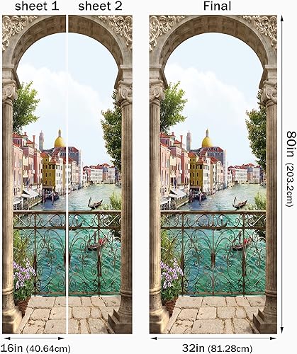 Miniatura 2 de FLFK Adhesivo mural para puerta, ciudad italiana del agua, despegar y pegar, tamaño combinado 32 x 80 pulgadas, dividido en 2 piezas
