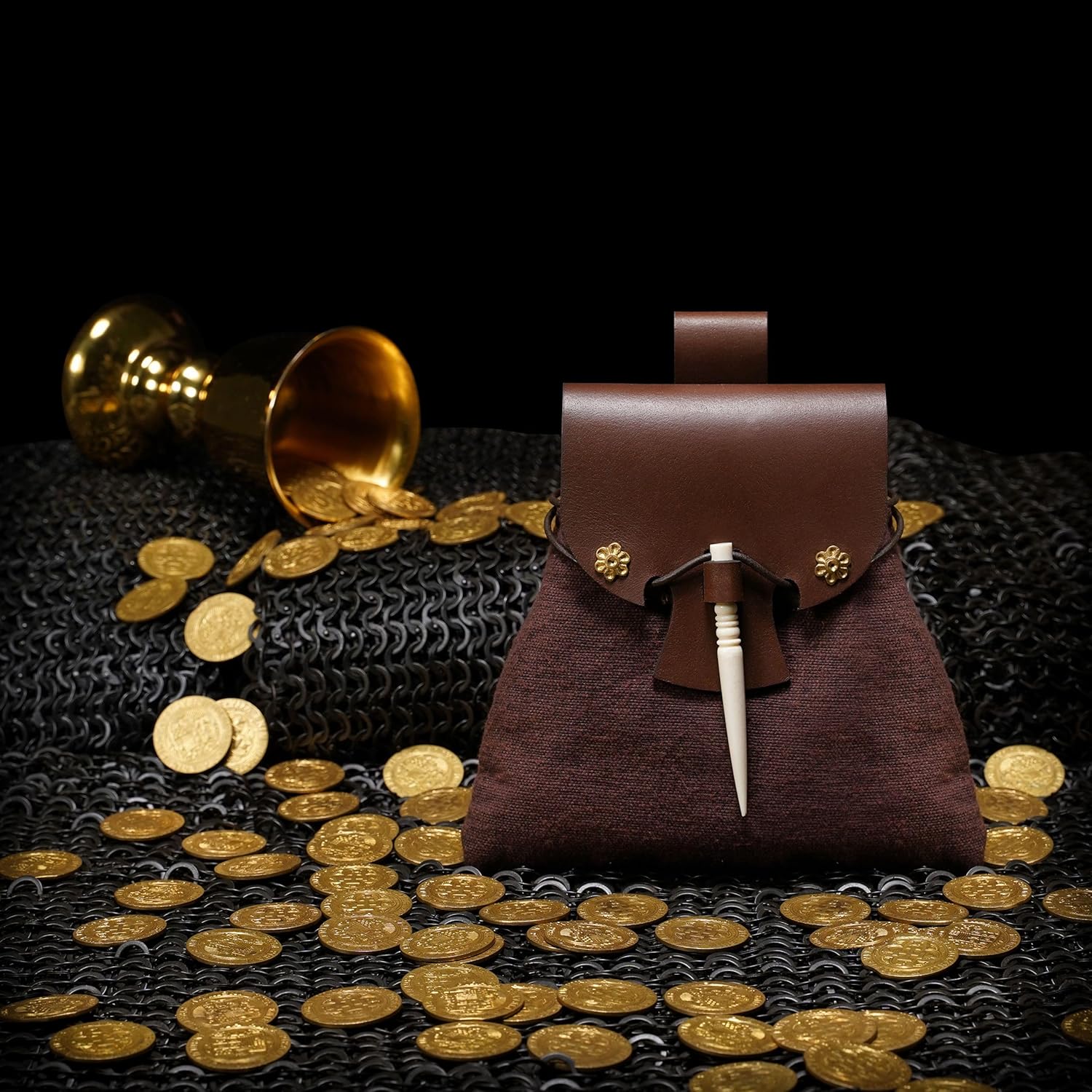 Mythrojan Belt Pouch Medieval Small Fanny Pack Renaissance Waist Bag Medieval Canvas Belt Pouch for LARP, Cosplay, Reenactments - Brown, 7" x 7" - Image 2