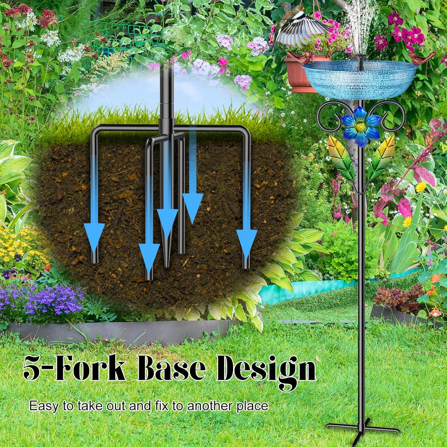 Metal Bird Bath for Outside, Freestanding Birdbaths Detachable Decoration Spa Birdfeeder, Bird Baths Feeder Bowl for Outdoors Garden Patio Yard Lawn Decor (Blue+Flower)