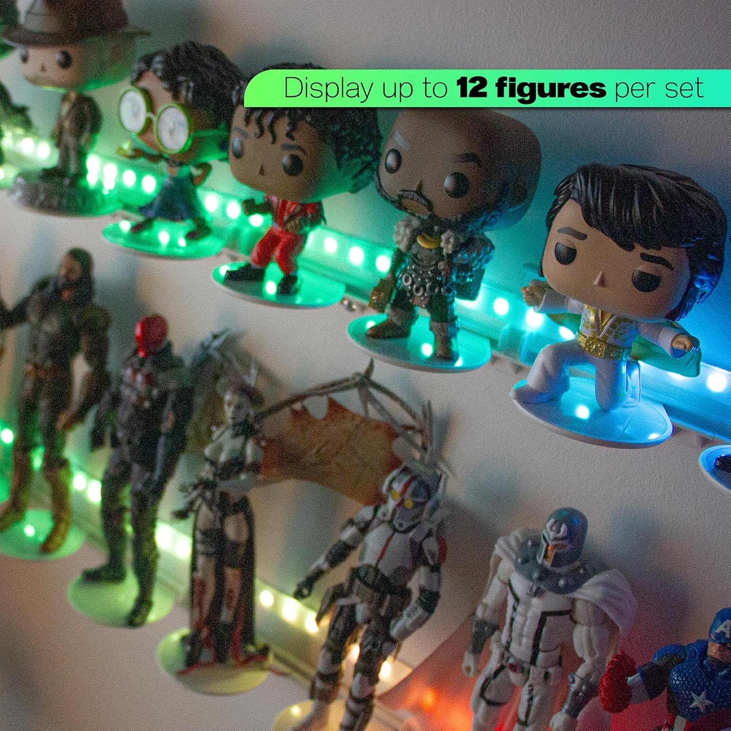 Valor Glide Series Out-of-Box Hold Up To 12 Pop Figure Shelves - Expandable Funko Pop Organizer - Glow Base - Blind Box Display Case For PopMart Figurines - Wall-Mount Toy Action Figure Shelf