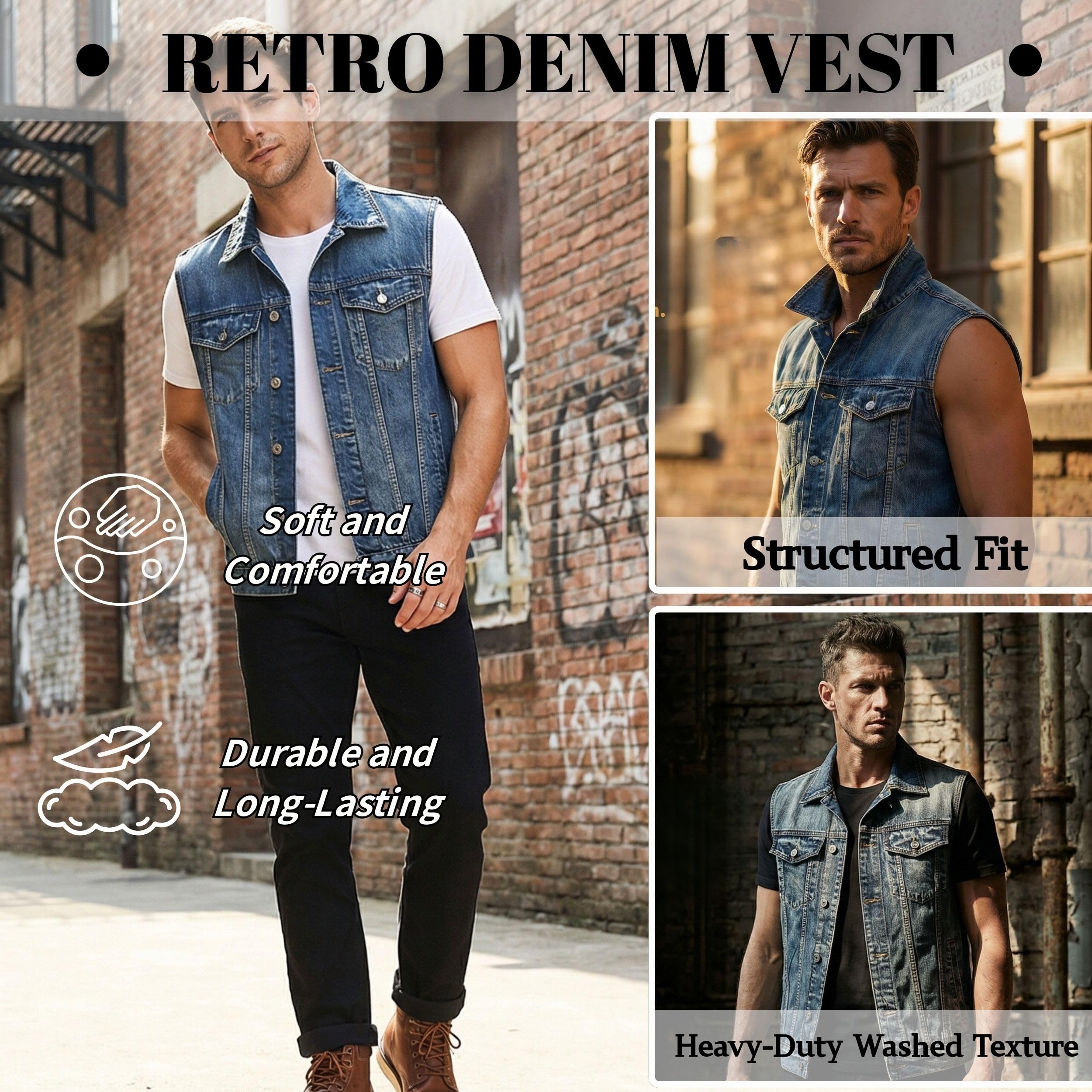 Homme Gilet en Jean Veste Classique Rétro Denim Veste Décontractée Sans Manches Denim Gilet Motard de Multi Poches