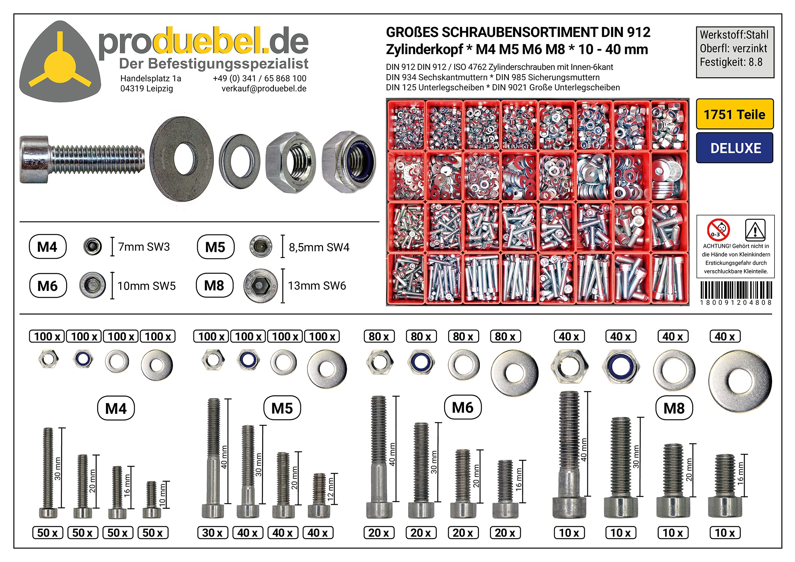 Großes Schrauben-Sortiment DIN 912 Zylinderkopf M4/M5/M6/M8 Stahl verzinkt 8.8 (DIN912+934+985+125+9021) 1751-tlg (Deluxe-Box)