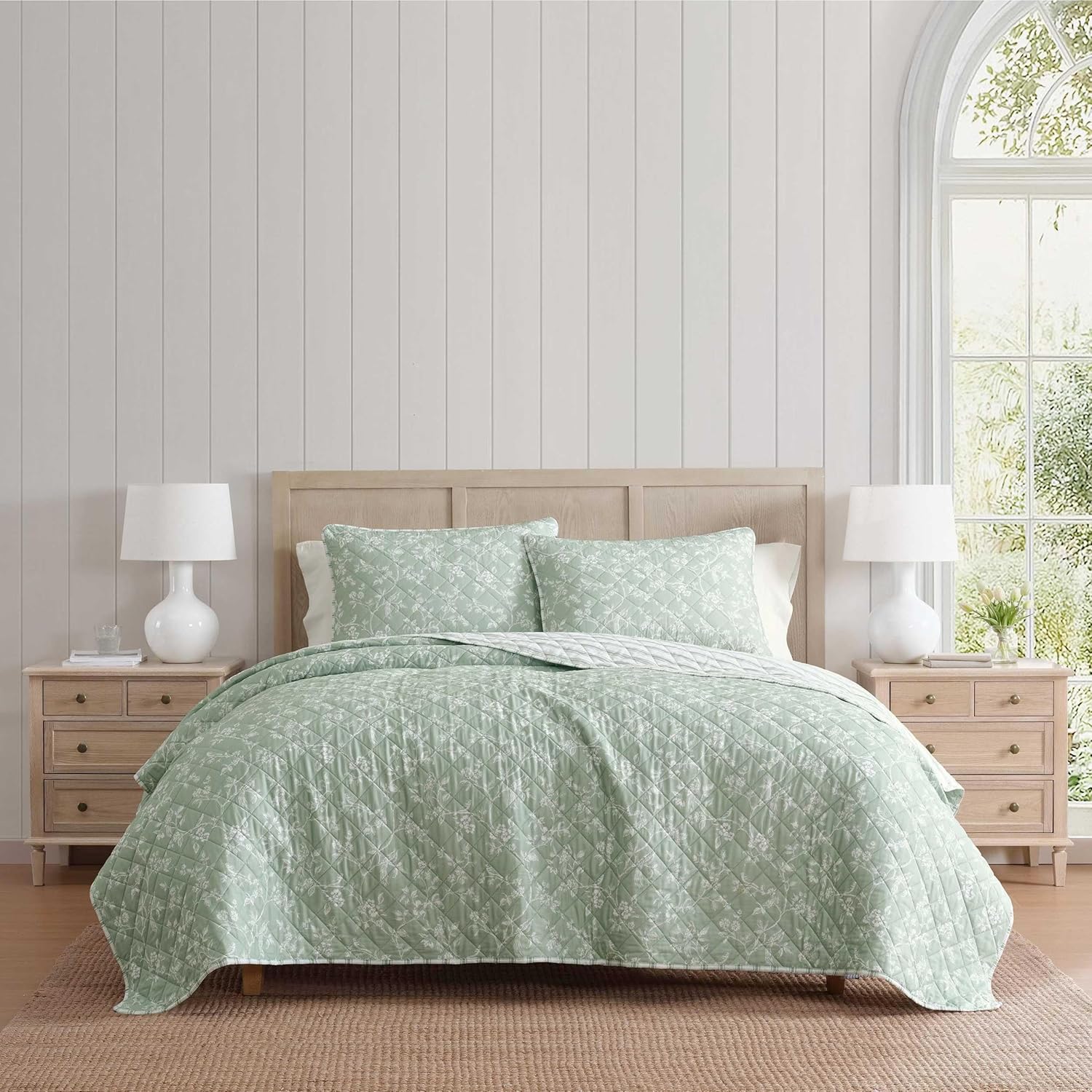 Martha Stewart Queen 3-Piece Cotton Quilt Set - French Bird Floral Green, Breathable All-Season Bedding with Pillowcases