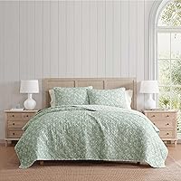 Martha Stewart Queen 3-Piece Cotton Quilt Set - French Bird Floral Green, Breathable All-Season Bedding with Pillowcases