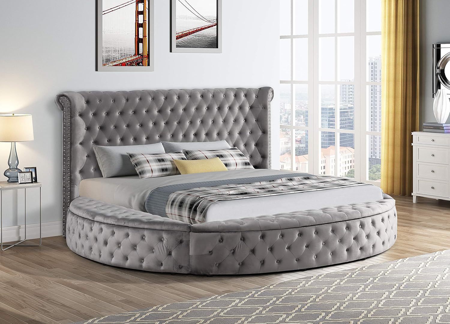 Lexi Round Velvet Upholstered Circular Platform Bed Frame with 56" Tall Tufted Wingback Headboard, Deep Button Tufting, Slat Support, Hidden Storage, Modern Glam Style (Black, King (U.S. Standard))