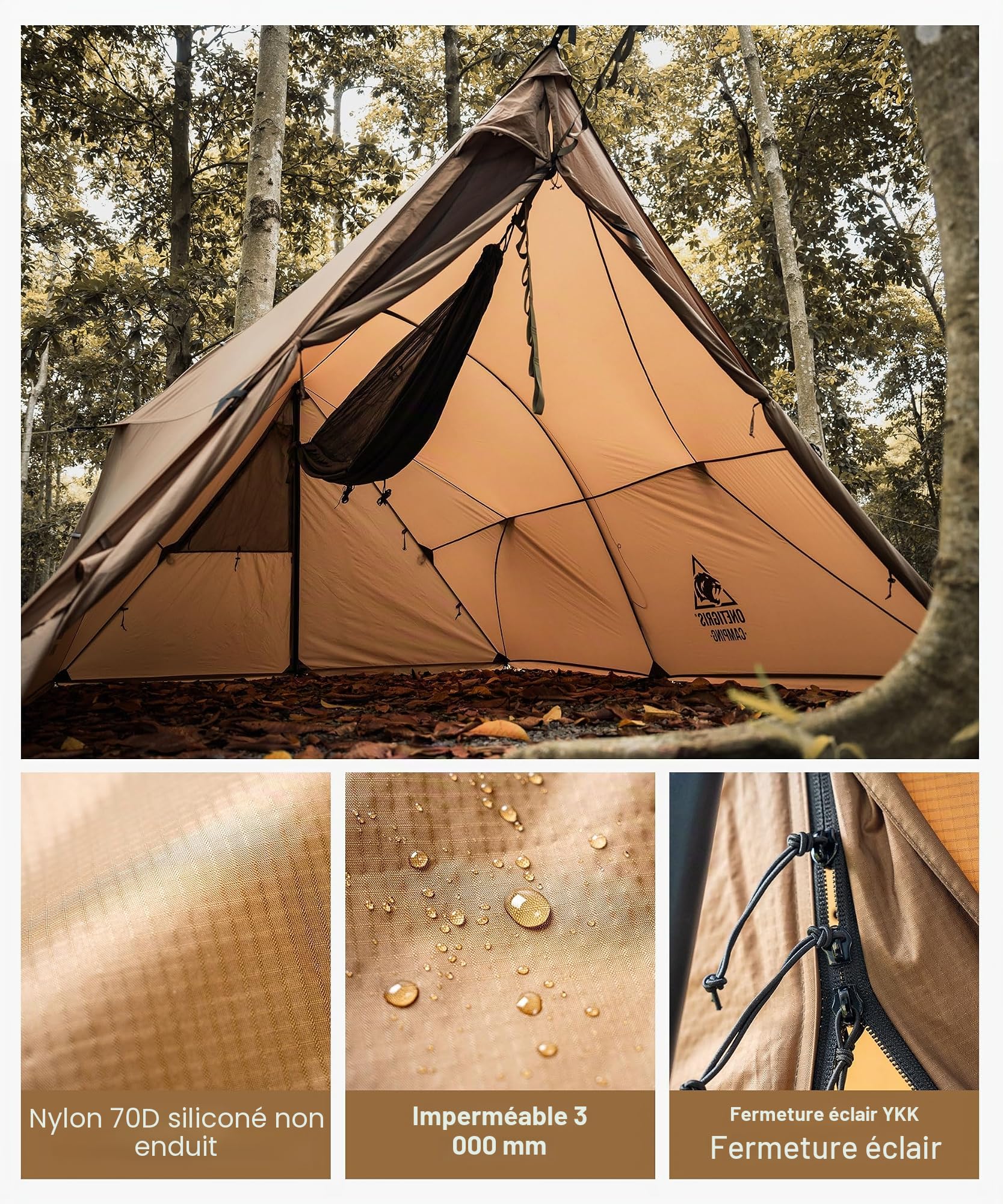 OneTigris ASH Canopy Tente de camping 2 à 4 personnes étanche 3000 mm Coupe-vent Grande tente chaude pour l'hiver Hamac Tente d'extérieur Tente de voiture Petite taille une fois pliée
