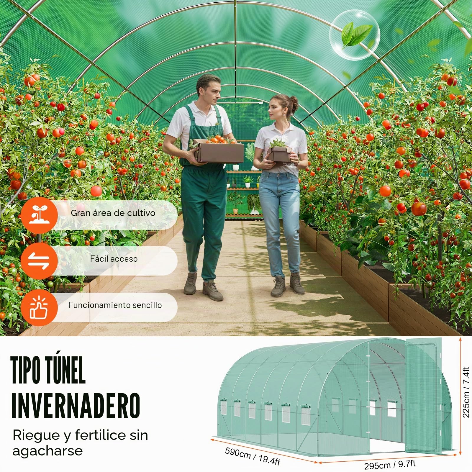 VEVOR Invernadero Túnel 590x295x225 cm Carpa Refugio para Plantas con Estructura de Acero Galvanizado Cubierta de PE Verde Puerta Enrollable con Cremallera 8 Ventanas para Cultivo de Verduras Flores