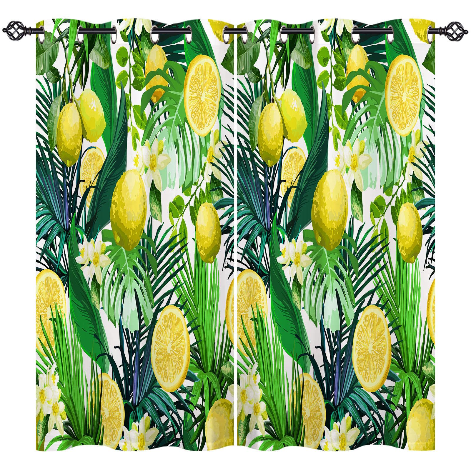 ANHOPE Lemon Curtains Eyelet Blackout Thermal Insulated Curtains Tropical Leaf Lemon Flower Print Pattern Soft Soundproof Privacy Window Drapes for Bedroom Living Room 52 x 63 Inch 2 Panels โ image 1