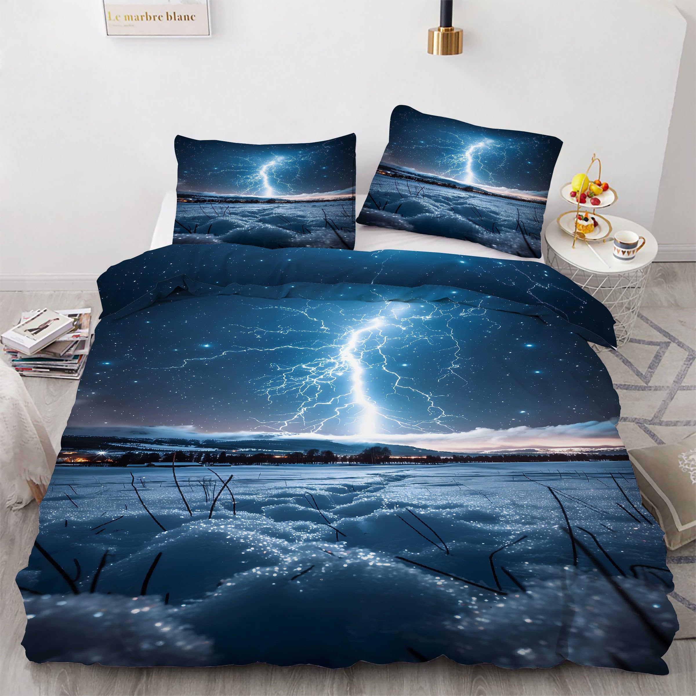 Ensemble de literie 3 pièces housse de couette 220x240 cm et taies d'oreiller motif tonnerre