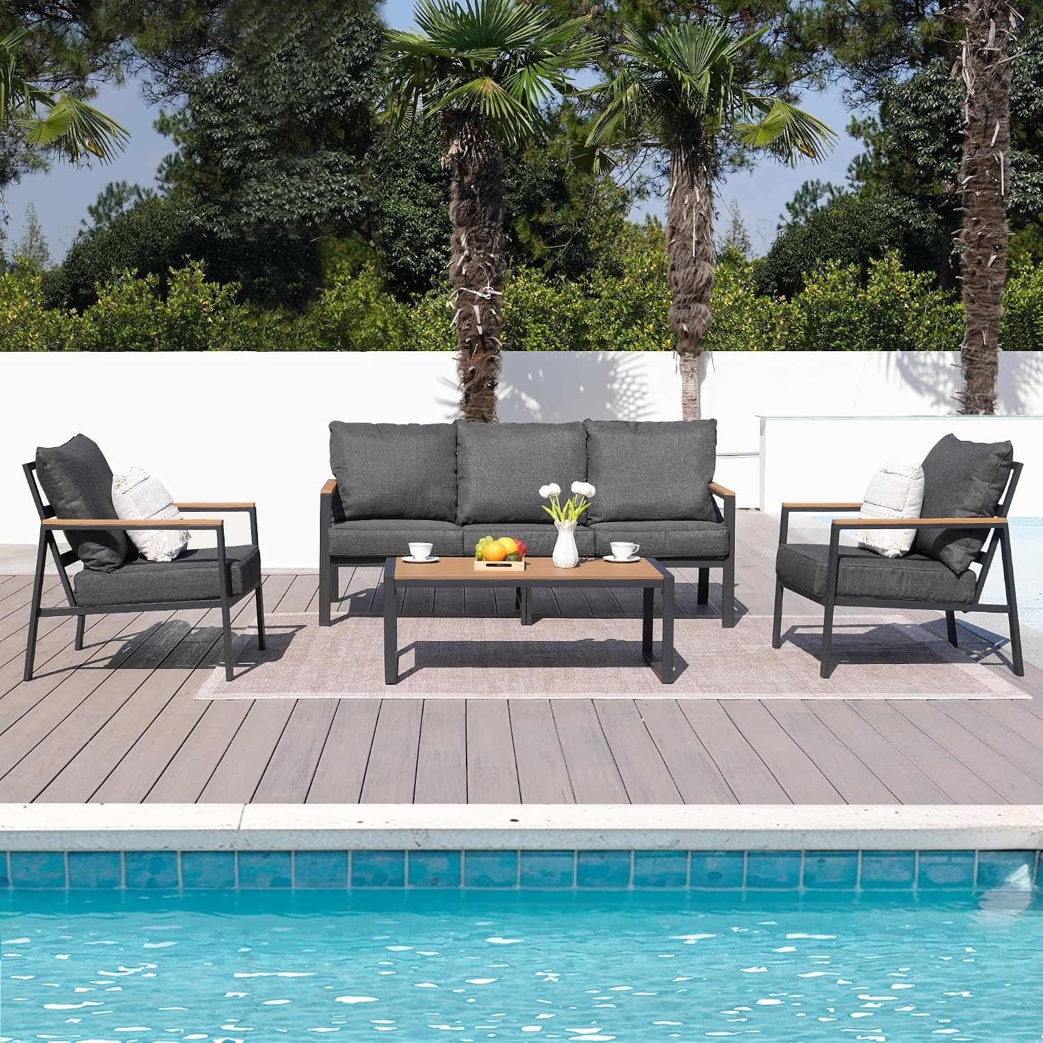 Patio Furniture Set, 4 Pieces Outdoor Furniture Patio Conversation Set with High Back, Faux-Wood Armrest and Tabletop, Outdoor Couch Patio Sofa Set for Balcony, Porch, Backyard, Grey