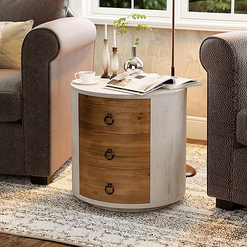 Miniatura 19 de SUNBURY Mesa auxiliar para sala de estar, mesa auxiliar pequeña con 3 cajones, mesita de noche vintage, elegante mesita de noche pequeña para