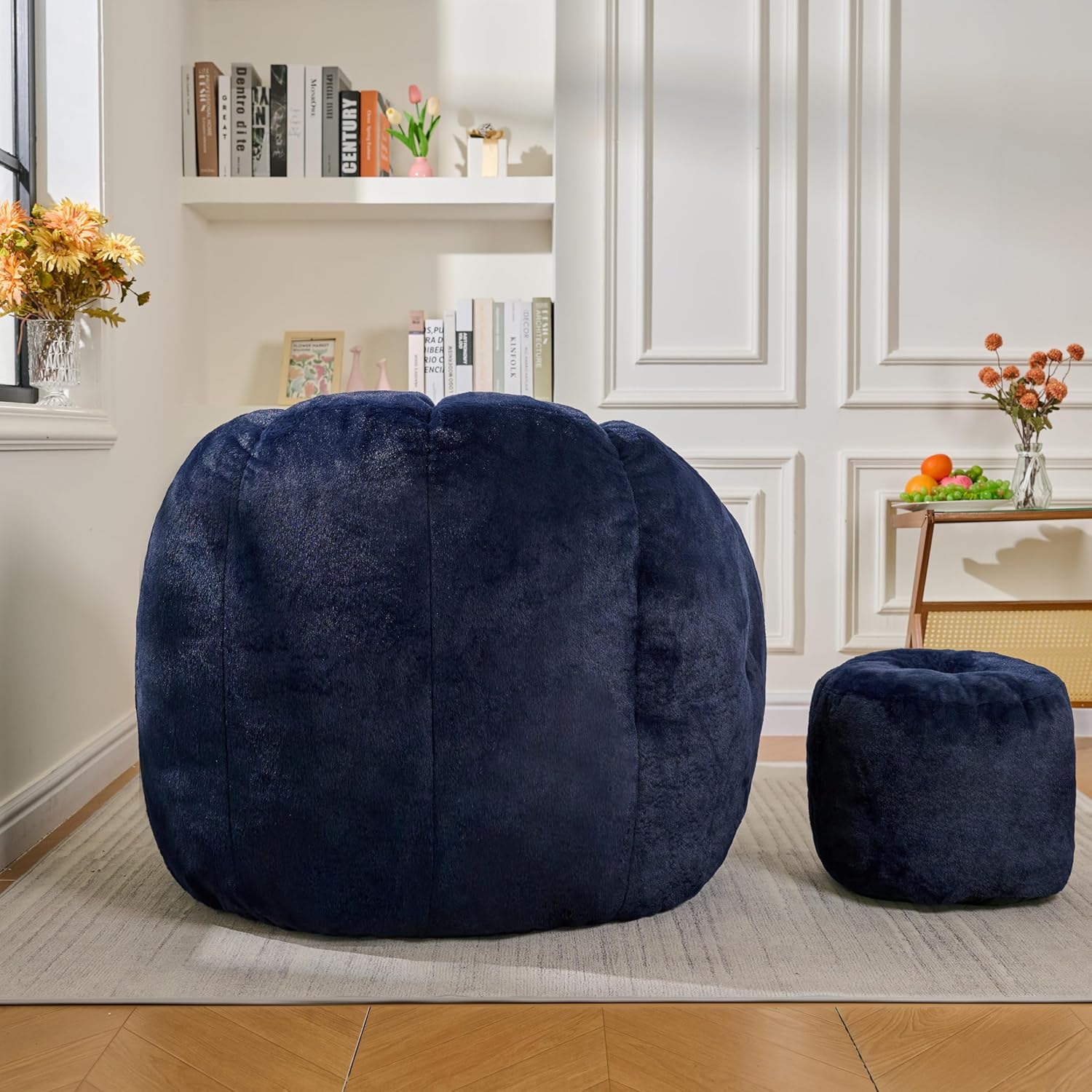 Bean Bag Chair, Bean Bag Chair with Ottoman, Stuffed Bean Bag Chairs with Filler, Big Beanbag Chairs with Filling for Living Room (Faux Fur in Dark Blue, 40.6" D×41.4" W×27.6" H)