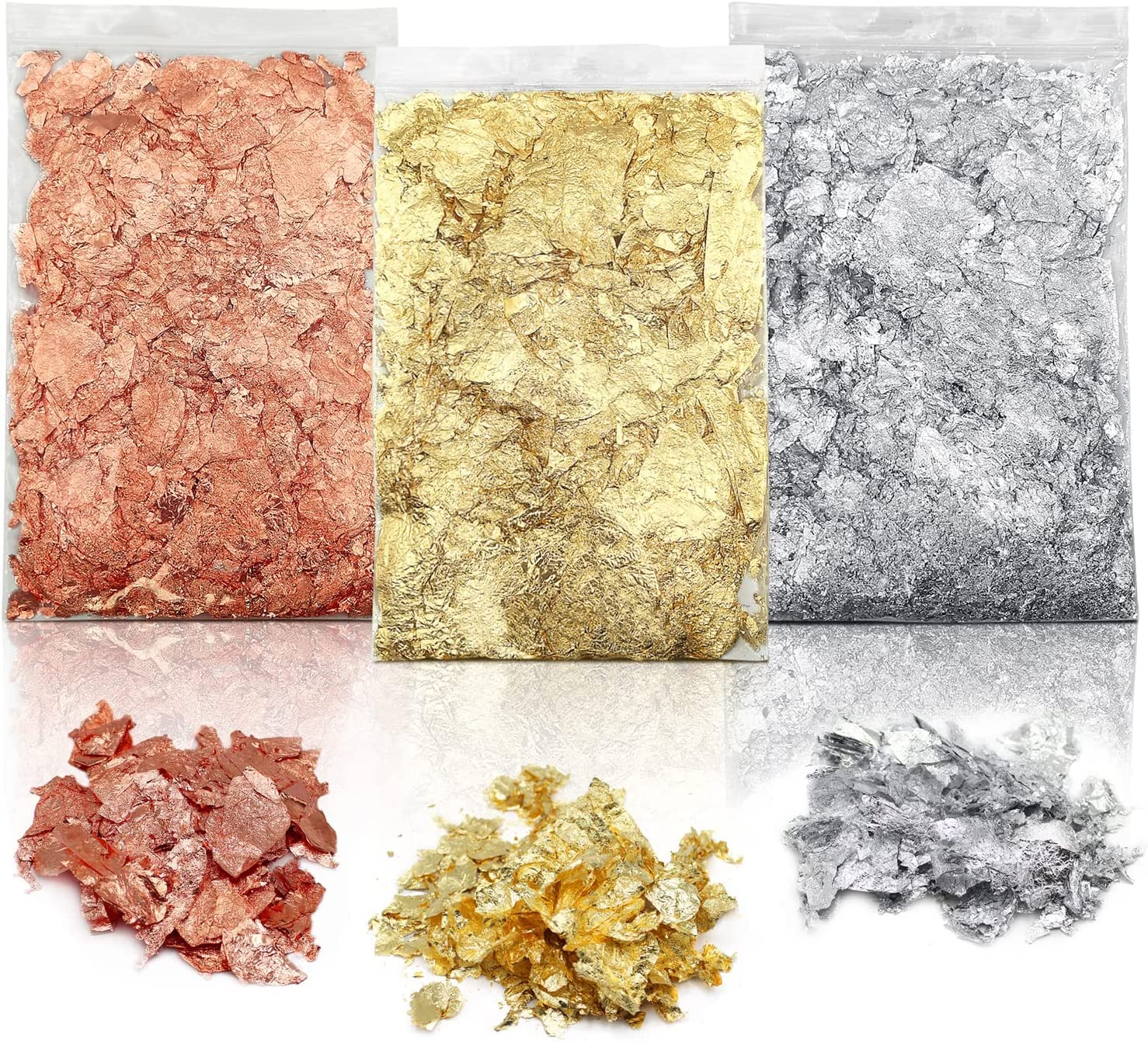 Azonee Gilding Flakes Set Gold leaf Flakes for artwork Painting Arts Crafts paste Jewelry Making Nail Foil Flakes (Gold, Silver, Copper Colors)(Not Edible)3 Bags
