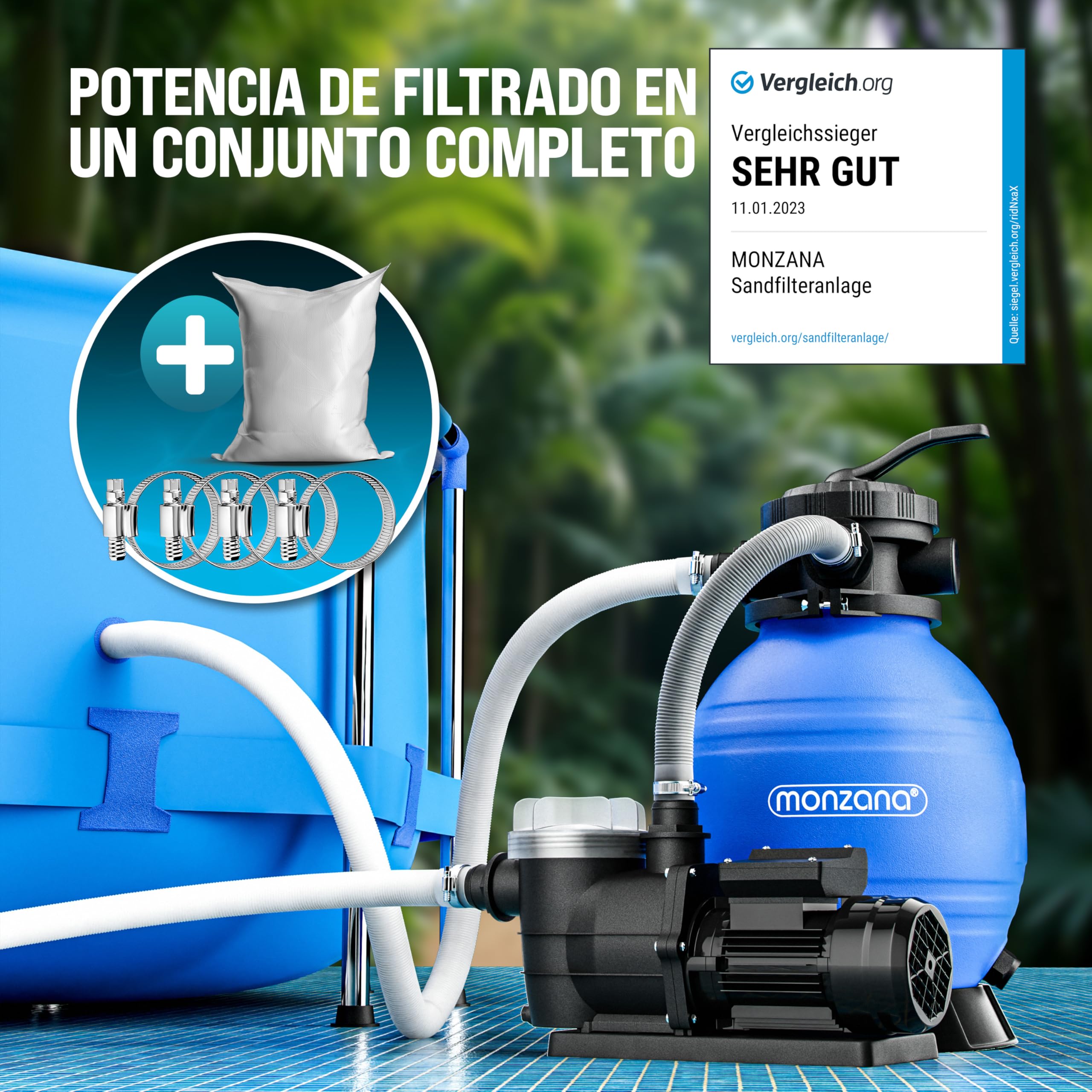 MONZANA Depuradora Piscina 9.600L/h | Filtro Arena 30.000L, Vidrio Filtrante, Valvula 7 Funciones Filtrado, 400W, Bomba, Indicador Presión, Adaptador Ø32-38mm