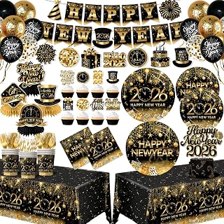 New Years Eve Party Supplies 2026, 197Pcs Happy New Year Black Gold Disposable Tableware Includes Plates, Napkins, Cups, Tablecloth, Banner, Balloons, Cake Toppers and Honeycombs, Serve 24
