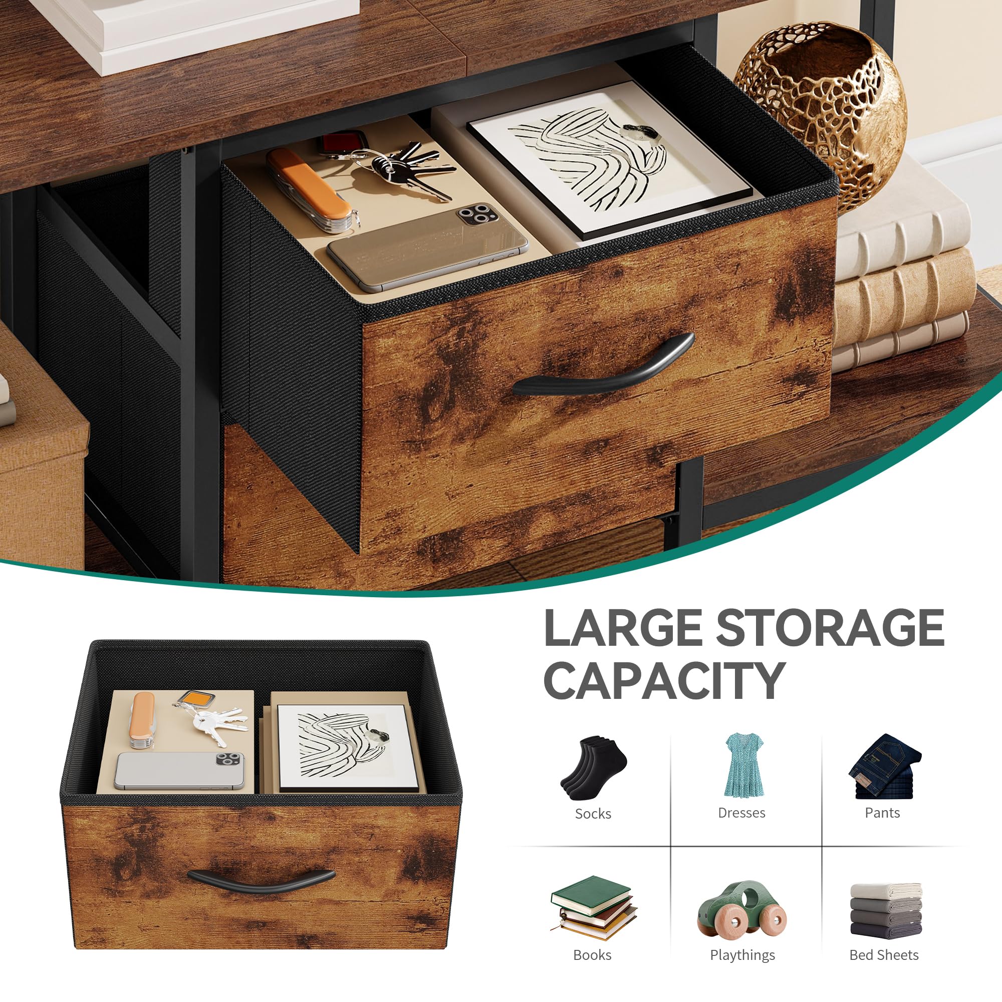 YITAHOME TV Schrank für bis zu 47 Zoll Fernseher, Fernsehtisch Mediaschrank mit 2 Stoffschubladen & 2 Ablagefächern, 110 x 30 x 50 cm Stahlgestell TV Lowboard für Wohnzimmer & Schlafzimmer