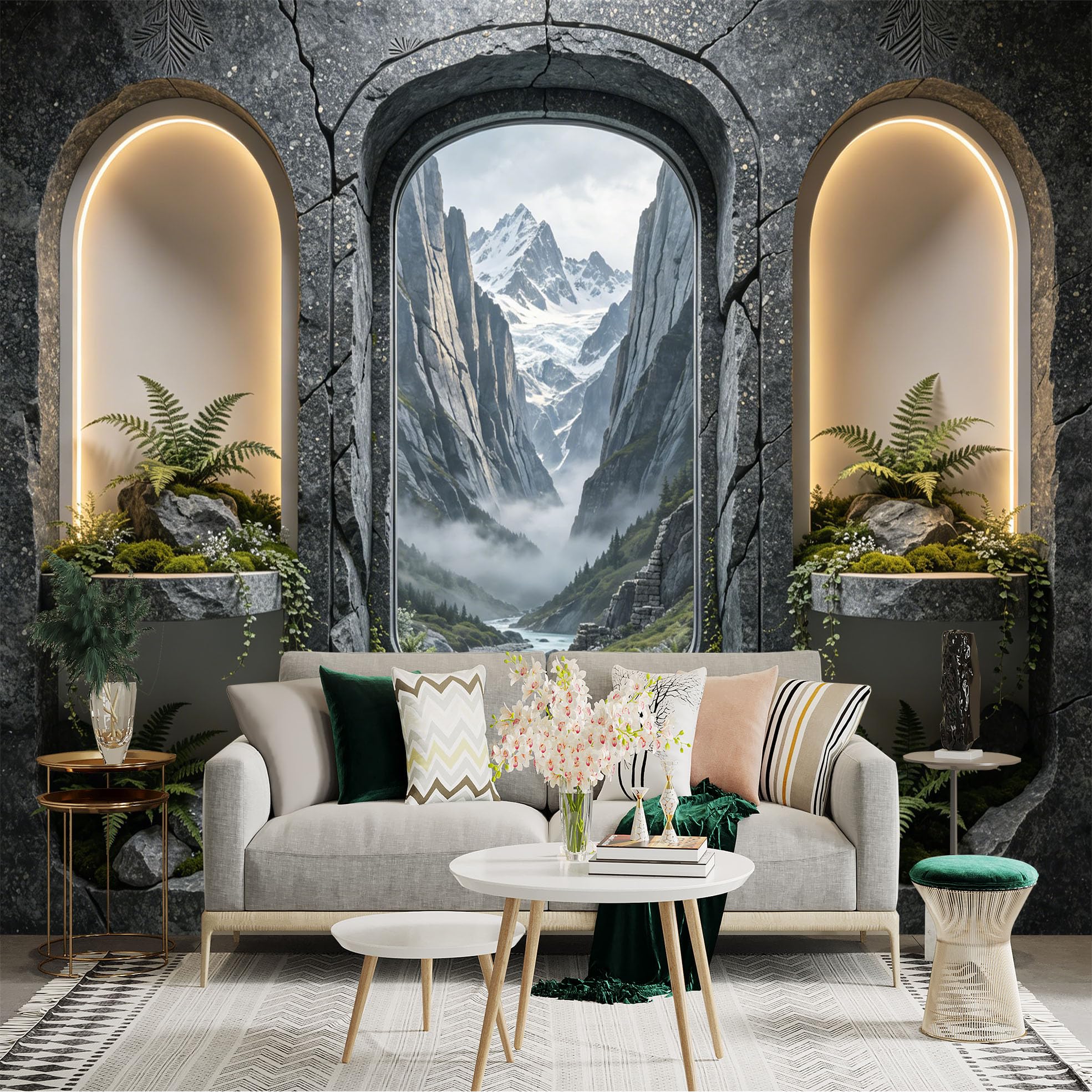 Custom Size Wall Sticker Mural， Mountain Valley River with Snow Peaks and Stone Archway， for wall Decoration， peelandstick wall Decals.