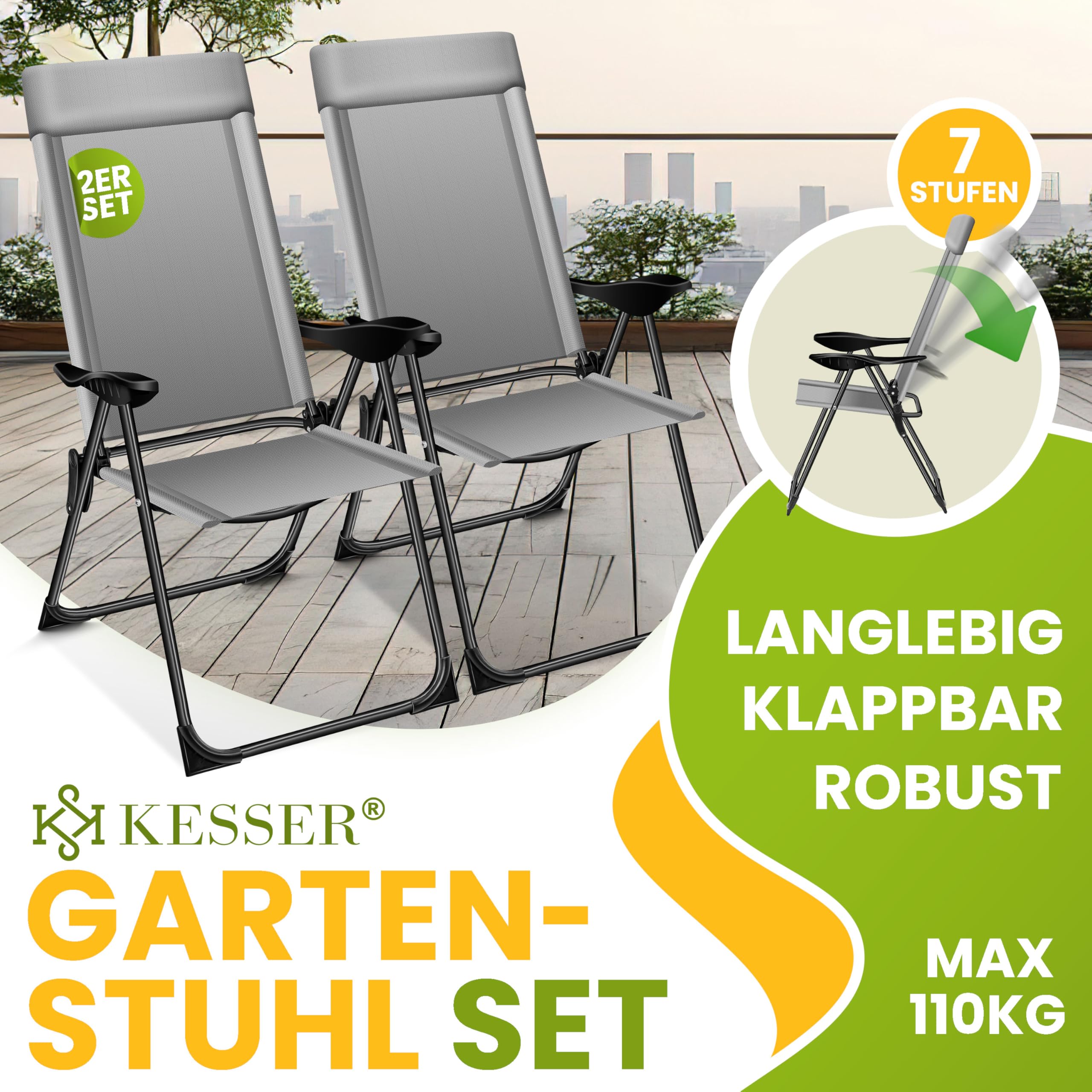 KESSER® Set di 2 sedie da Giardino, Sedia Pieghevole in Alluminio con Schienale Alto Regolabile in 7 direzioni con braccioli, Sedia da Balcone, Sedia da Campeggio Pieghevole Traspirante