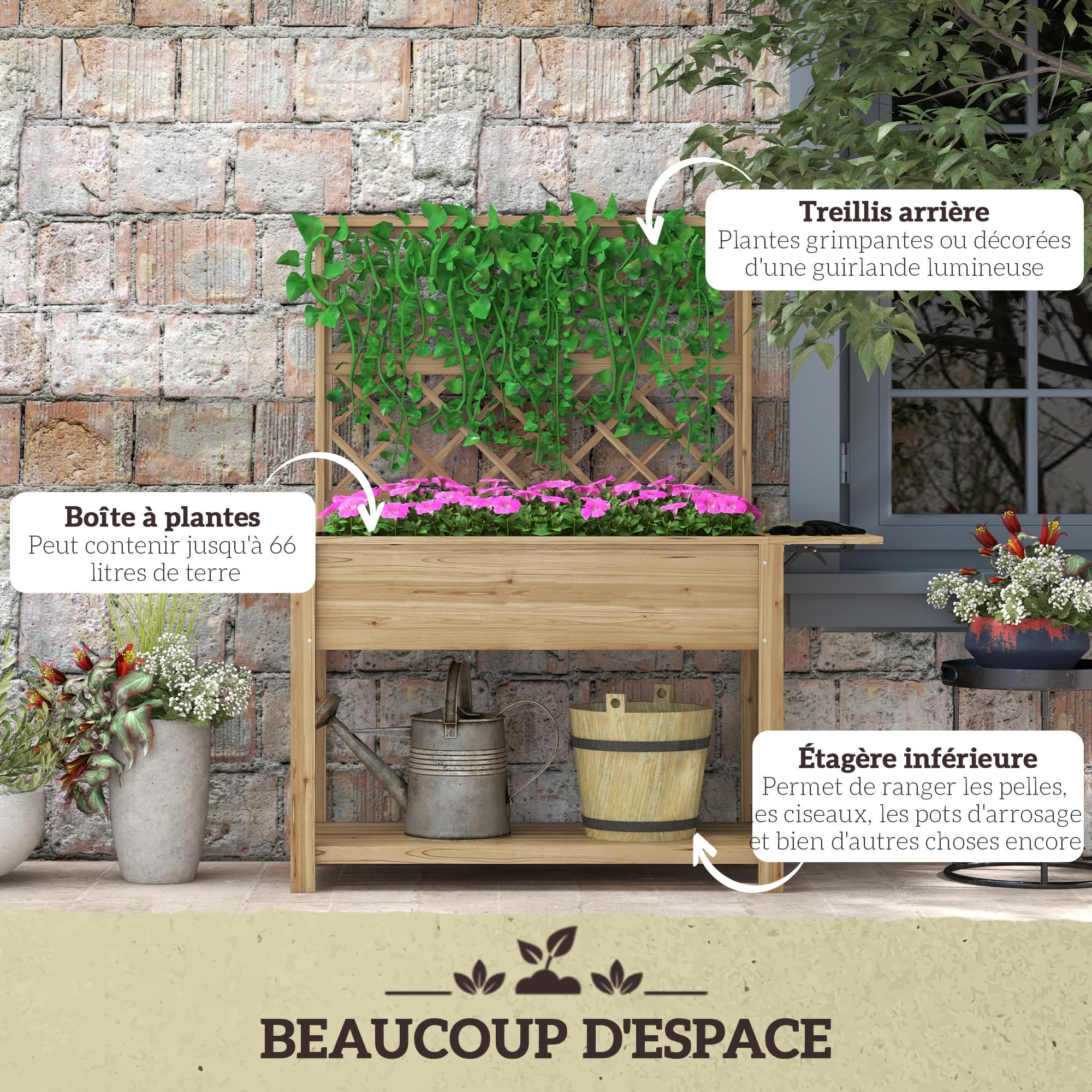 Outsunny - Jardinera rectangular con patas enrejado, 140 x 45 x 151 cm | Huerto elevado, 1 estante inferior, 2 estantes laterales abatibles, madera