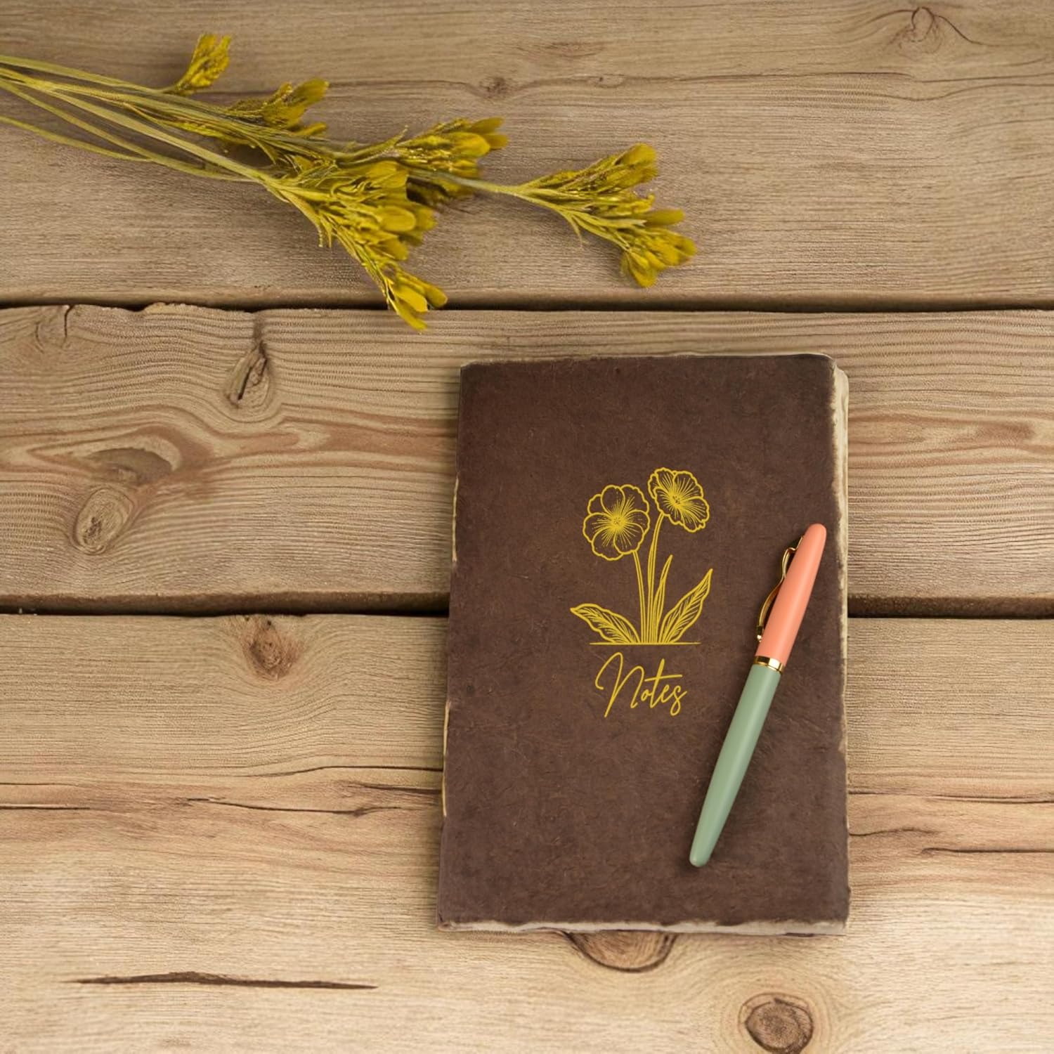 Nepali Companion Deluxe Composition A5 Size Notebook with Handmade Heavyweight Lokta Paper from Nepal, Thoughtful Flowers Notes Journal with Deckle Edges for Office, Home, Travel (Dark Walnut)