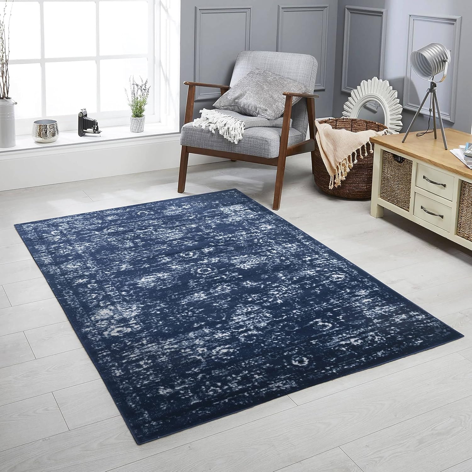 Adiva Rugs Modern Transitional Area Rug with Border, Soft Short Medium Pile, Floral Style Pattern Traditional Carpets, Persian Home Decor, Floor Decoration Mat 2635A (Navy, 6'-6" x 9'-6")