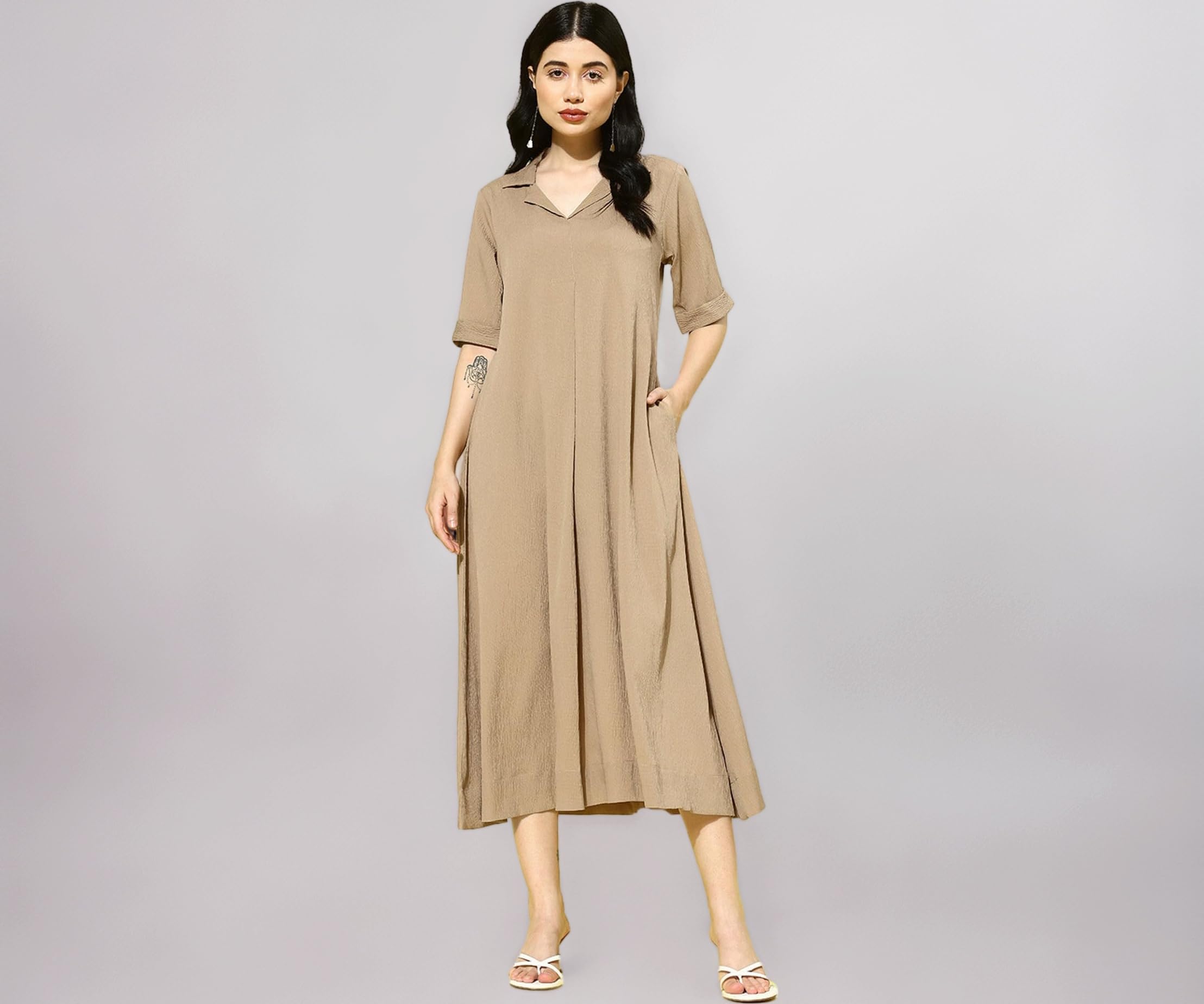 - Women Beige A -line Calf Length Dress Featuring Classic Shirt Collar and Short Sleeves which offering Comfort and Ease
