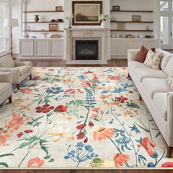 HUGEAR Rugs Living Room Beige Washable Flower Area Rug 240x300cm Non Slip Boho Natural Modern Floral Large Carpet Dining Room Bedroom Kitchen Hall Lounge Office Low Pile Soft Carpets
