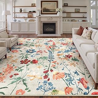 Beige Waschbarer Teppich Blumenmuster 240x300cm Blumen Boho Neutral Modern Rugs for Living Room Weich rutschfest Groß Tepich Kurzflor Schlafzimmer Carpet Esszimmer Bedroom Teppiche Büro