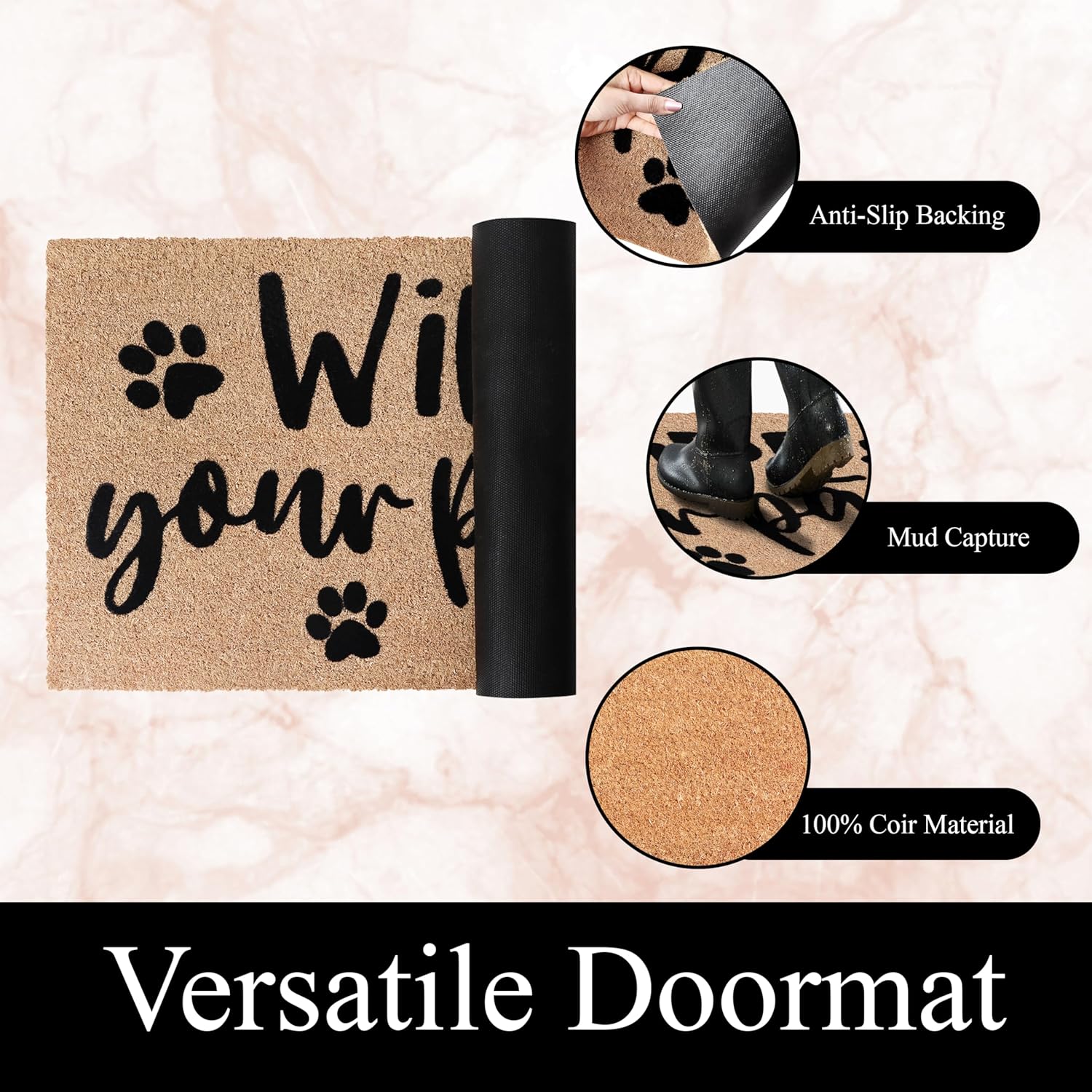 A1HC Natural Coir Flocked Doormat with Heavy Duty Non-Slip PVC Backing Easy to Clean, Fade Resistant, Low-Profile Durable Doormat (Wipe Your Paws Black, 18x30)