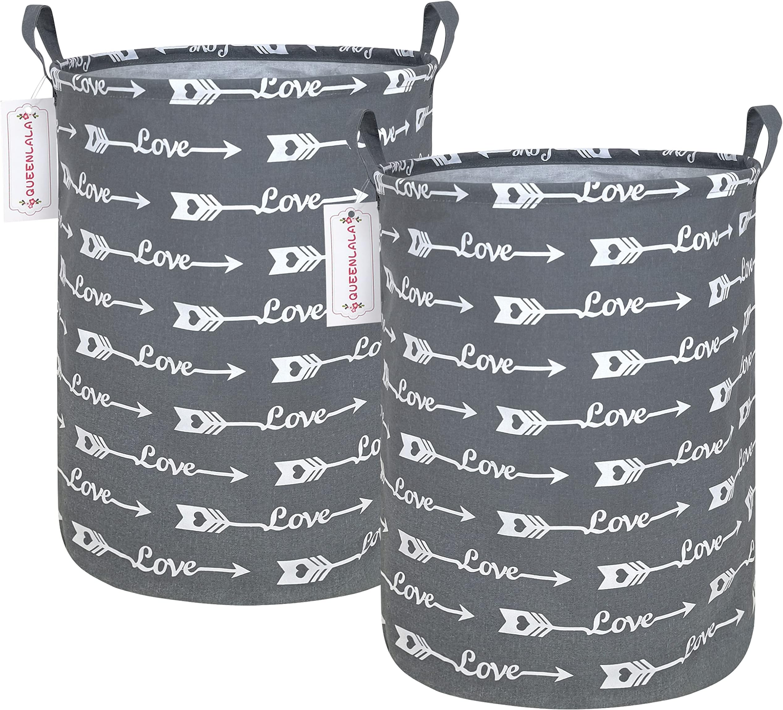 QUEENLALA Large Storage Basket,Laundry Hamper,Office,HomeDecor,Canvas Fabric Laundry Basket（2Pack-Round Love Grey Arrow）