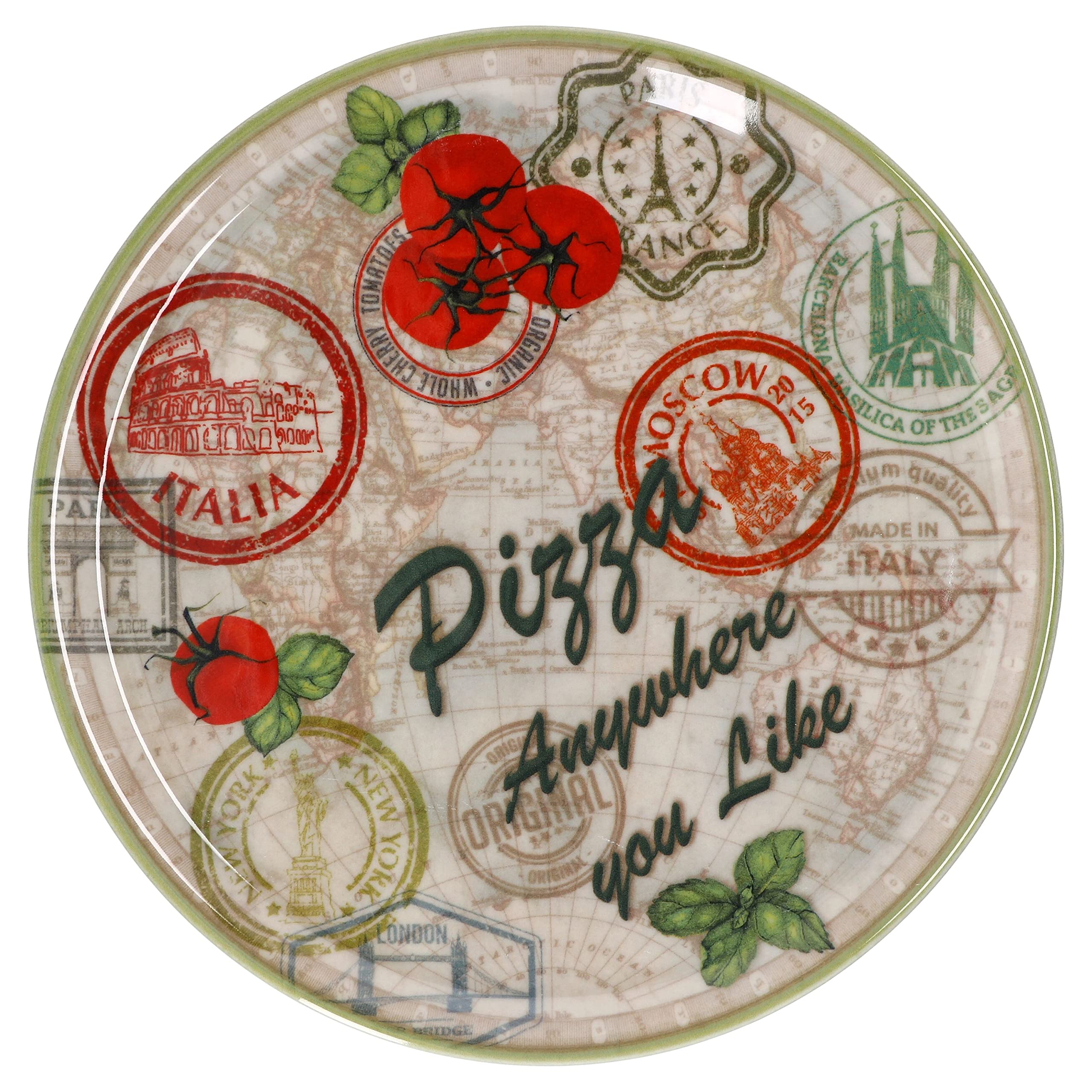 MamboCat Juego de 6 platos para pizza Moskau, color verde, diámetro de 33 cm, grande, para 6 personas, platos con motivos y texto, decorados, para pizzas o para servir