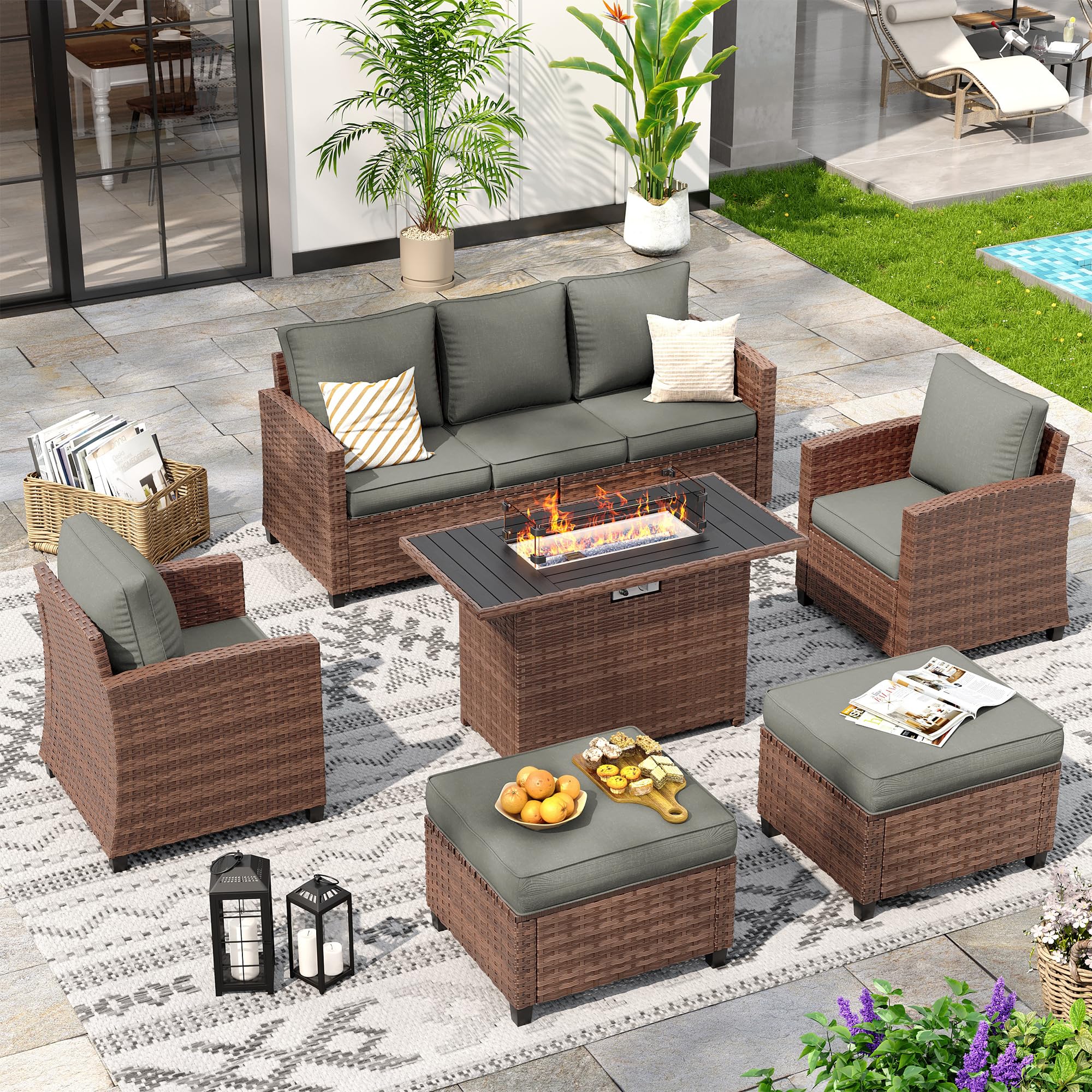 VONZOY 6 Pieces Patio Furniture Set with 44" Gas Fire Pit Table, Outdoor Sectional Conversation Sets, All-Weather Wicker Rattan Sofa w/Gas Fire Pit,