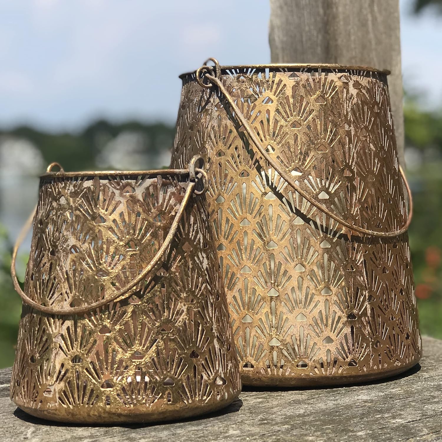 Grand Tour Temple Bell Lanterns, Set of 2, Lattice Lace Pattern, Hurricanes, Gold Finish, Iron, 8.75 and 6 Inches, Loop Handles, Removable Inner Glass Sleeve