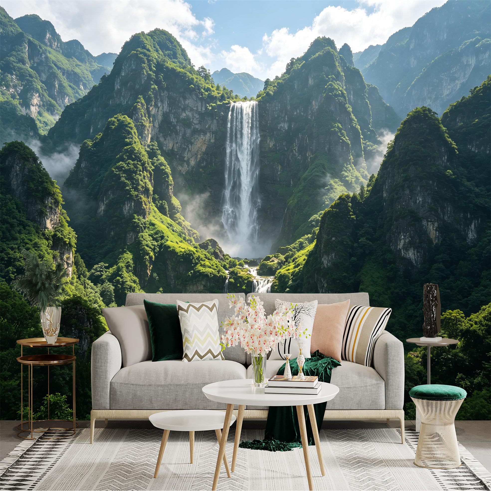 Custom Size Wall Sticker Mural， Majestic Waterfall， Lush Green Mountains， Tropical Forest Scenery， Serene Blue Lake， for wall Decoration， peelandstick wall Decals.