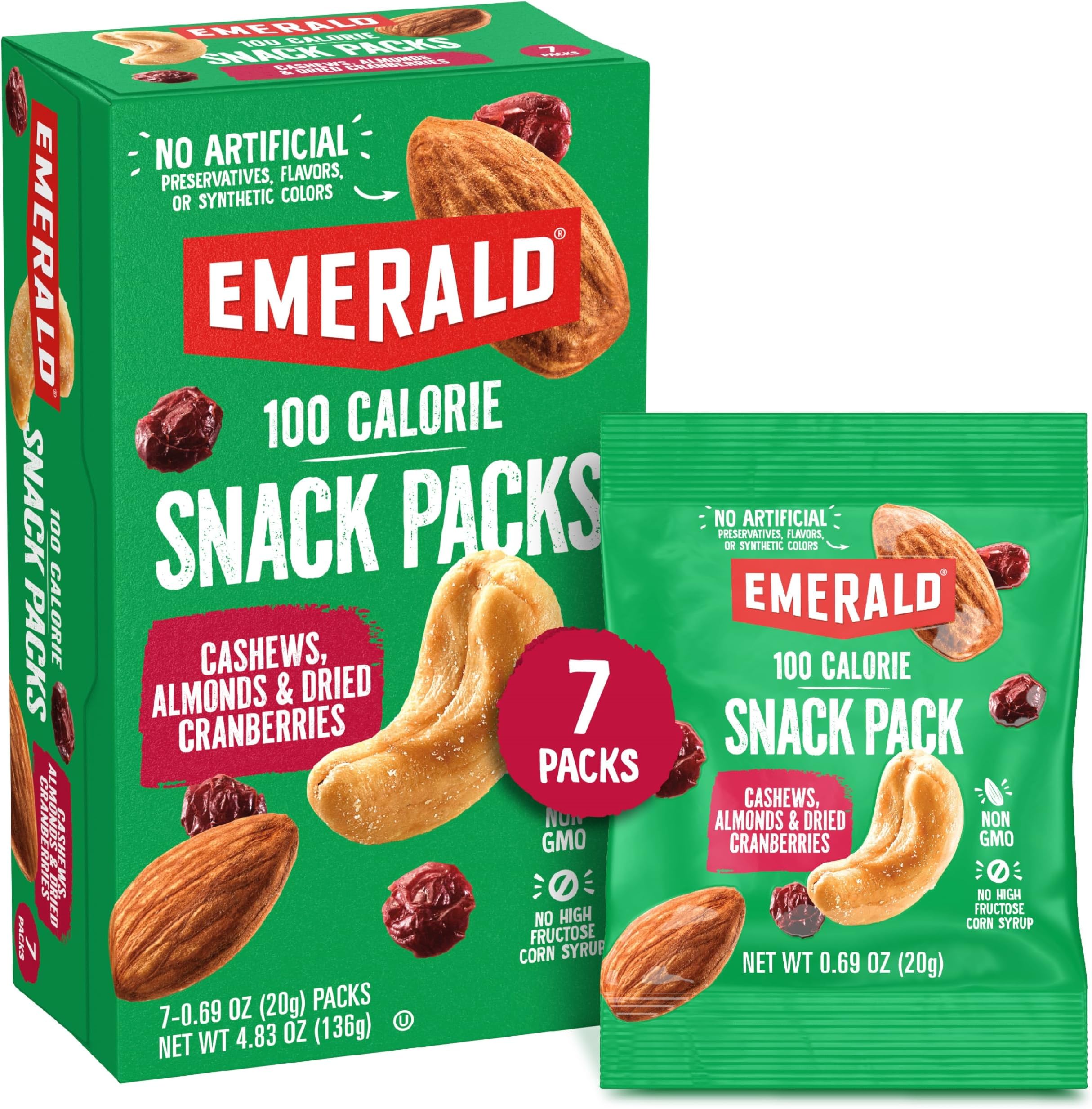 Emerald Nuts Cashews and Almonds with Dried Cranberries 7 Ct (1-Pack) | 100-Calorie Individual Packs of Nut Blend and Dried Fruit | Kosher Certified, Non-GMO, Contains No Artificial Preservatives, Flavors or Synthetic Colors