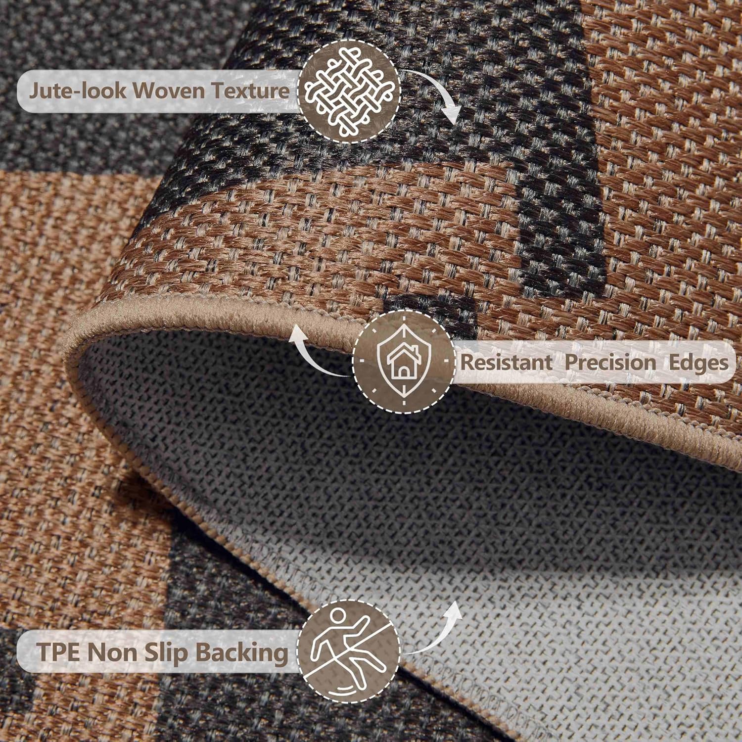 Modern Easy Jute 3x5 Patio Rug, Black and Brown Checkered Washable Entryway Rug, Non Slip Indoor Outdoor Door Mat Throw Carpet for Entry Porch Balcony Mudroom Foyer Living Room Bedroom Decor